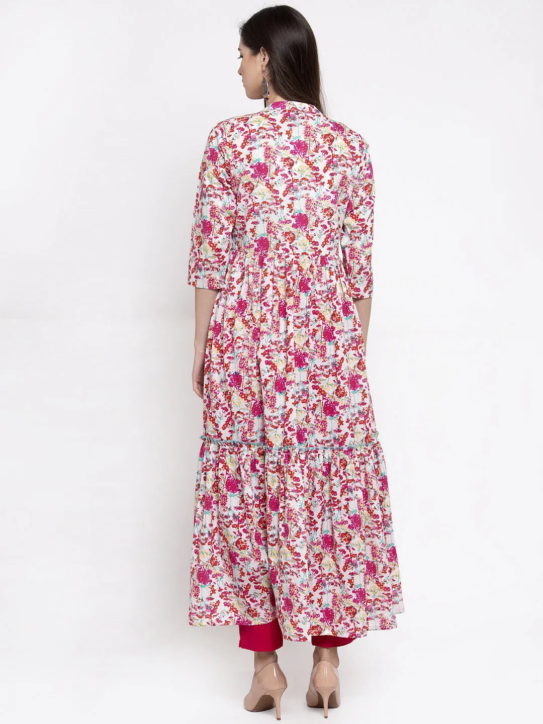 Indibelle cotton floral print front slit A-line kurta (Pink)