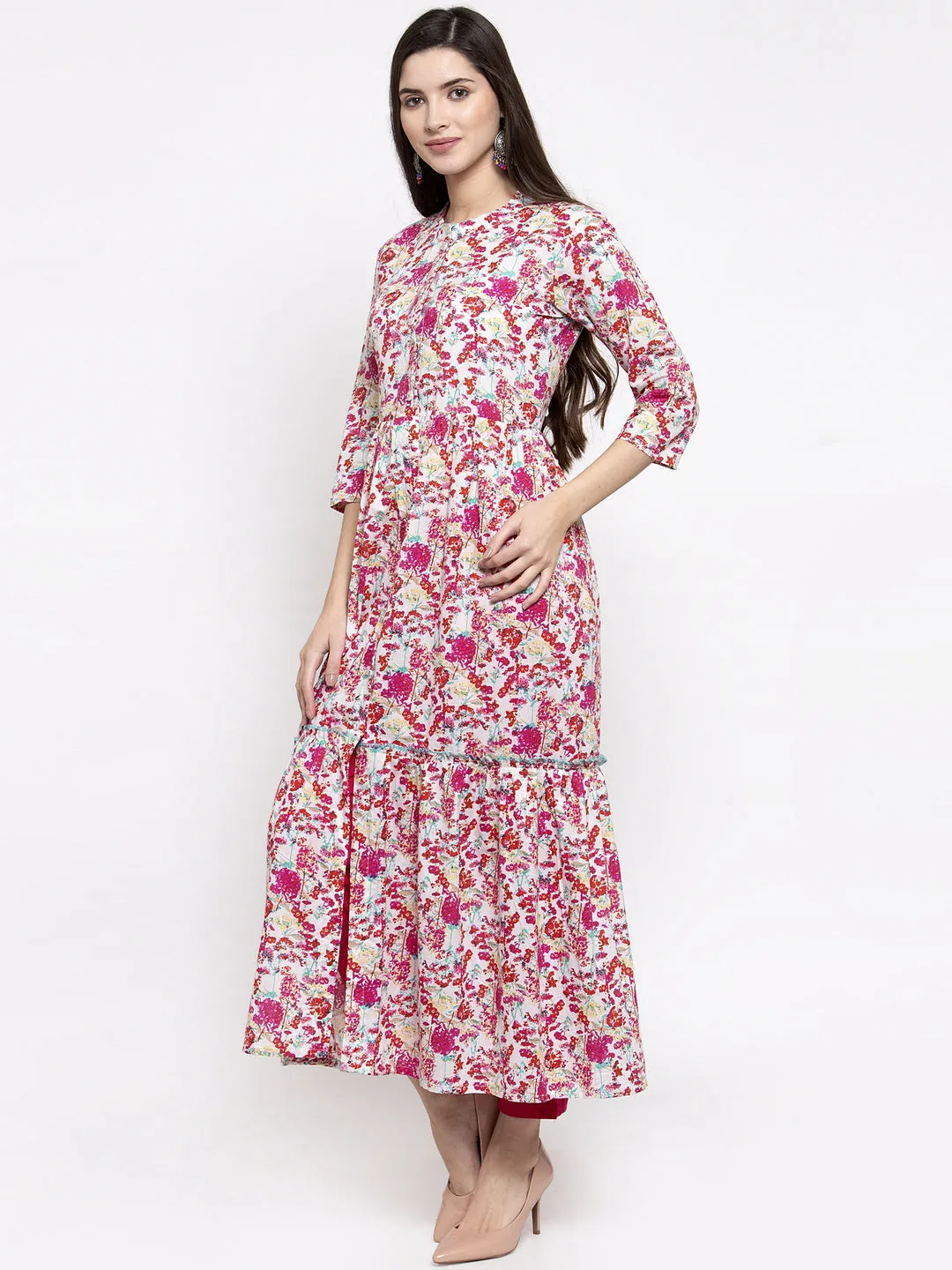 Indibelle cotton floral print front slit A-line kurta (Pink)