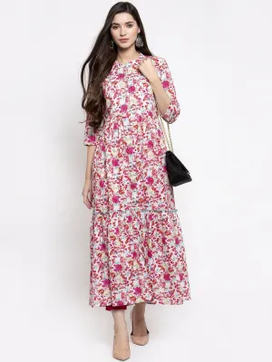Indibelle cotton floral print front slit A-line kurta (Pink)