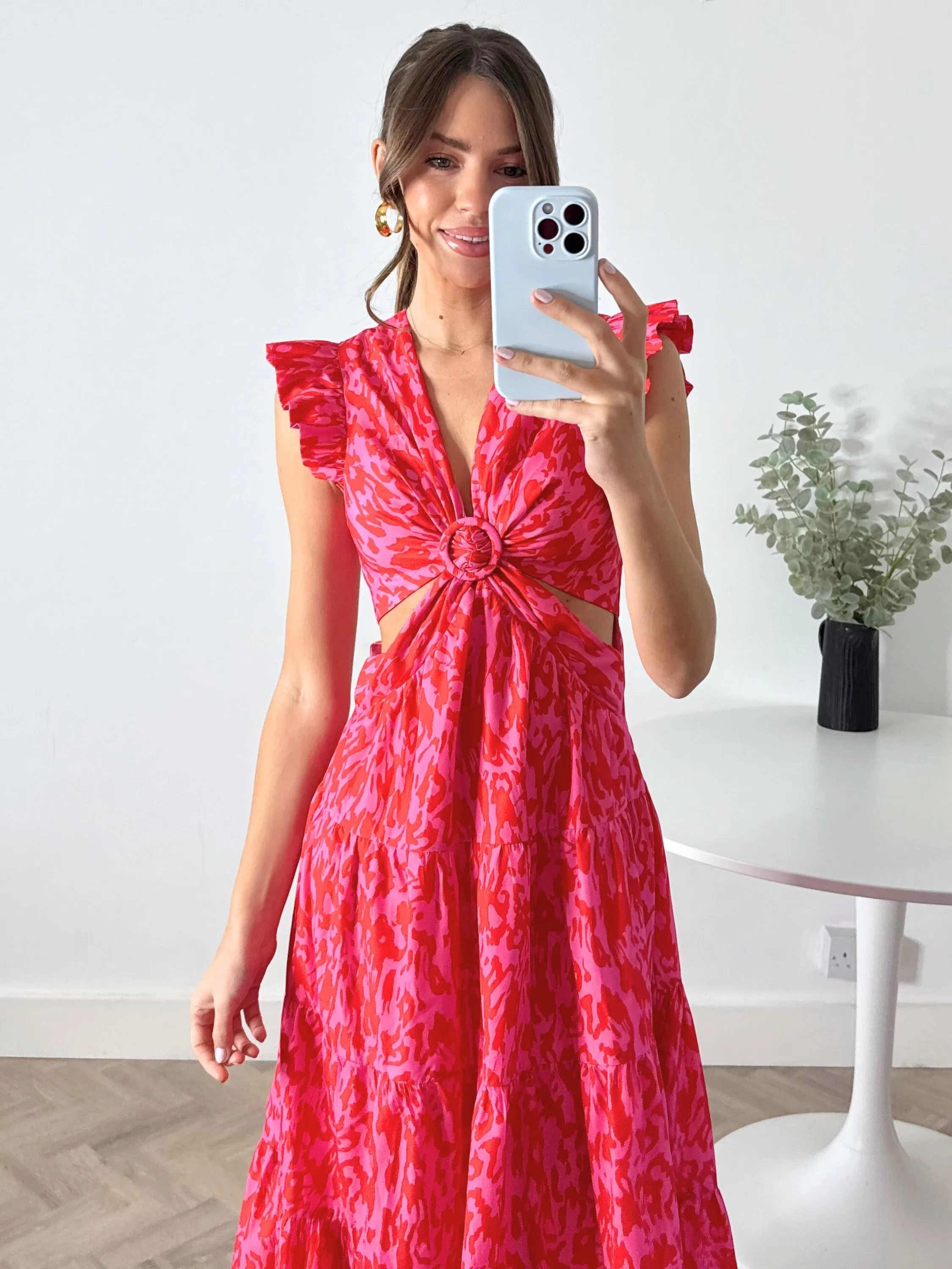 garden wedding Indie Cut Out Frill Maxi Dress in Red & Pink