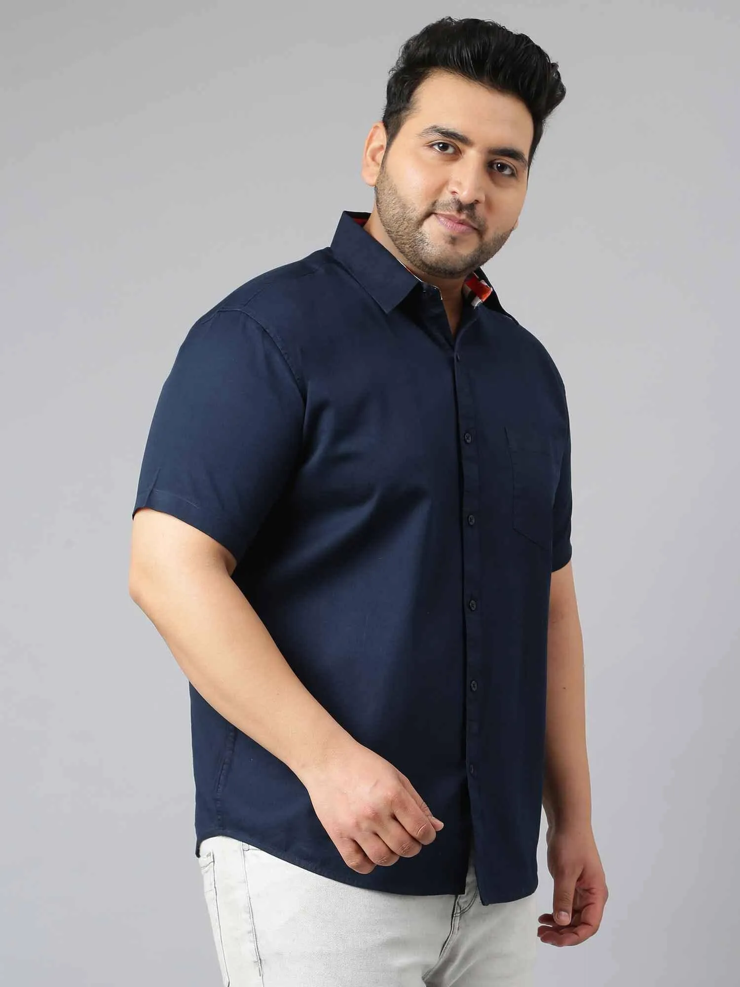 Indigo Blue Pure Cotton Half Sleeve Shirt Men's Plus Size