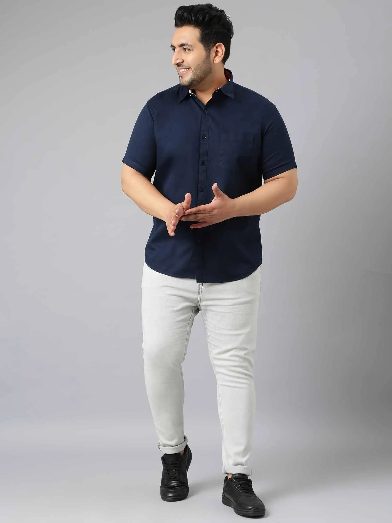 Indigo Blue Pure Cotton Half Sleeve Shirt Men's Plus Size
