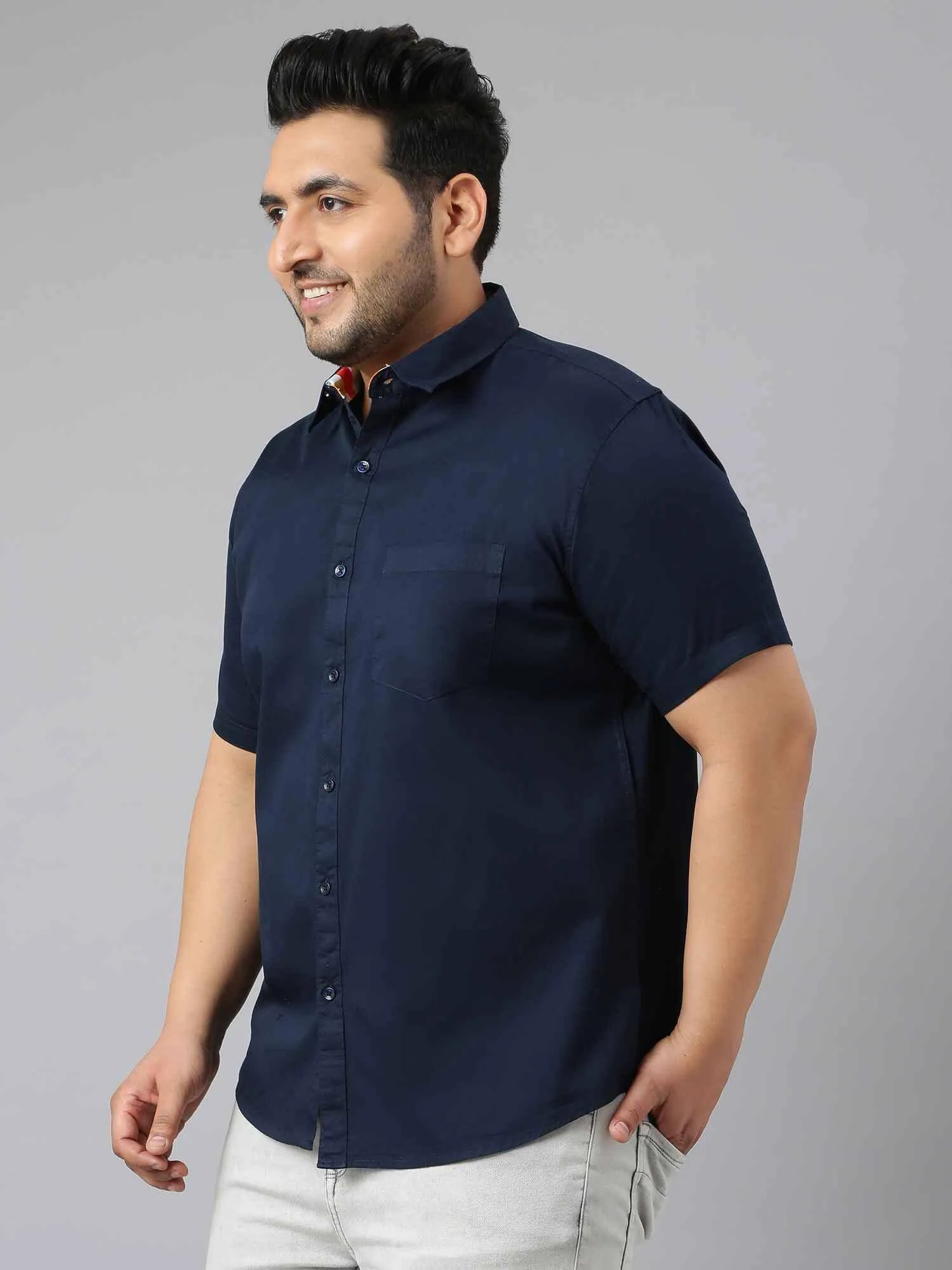 Indigo Blue Pure Cotton Half Sleeve Shirt Men's Plus Size