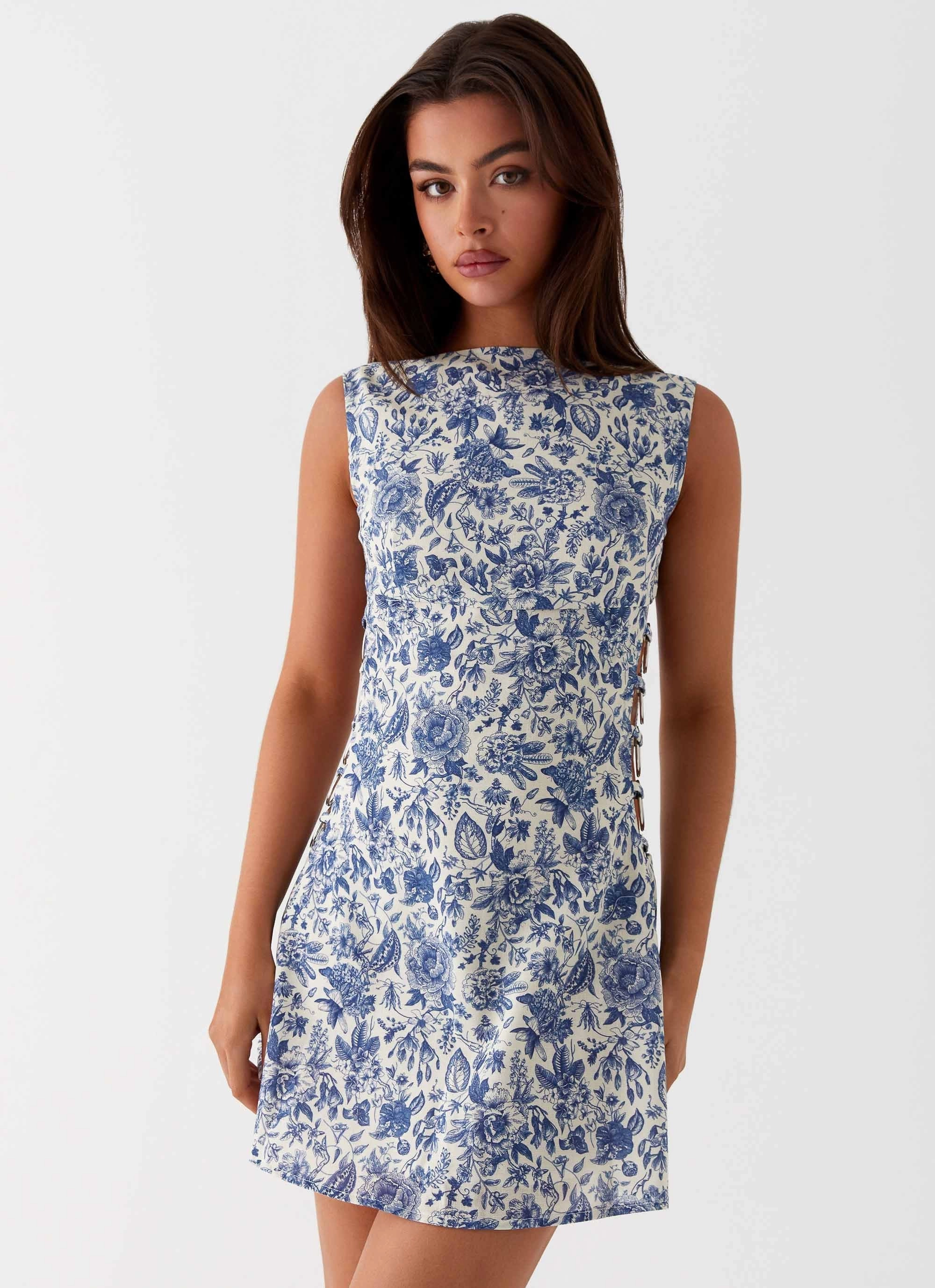 Elegant holiday wear Indigo Bloom Linen Mini Dress - Blue Paisley