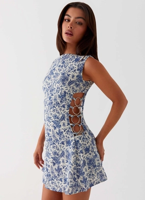 Easy Pick Go To Wear Indigo Bloom Linen Mini Dress - Blue Paisley