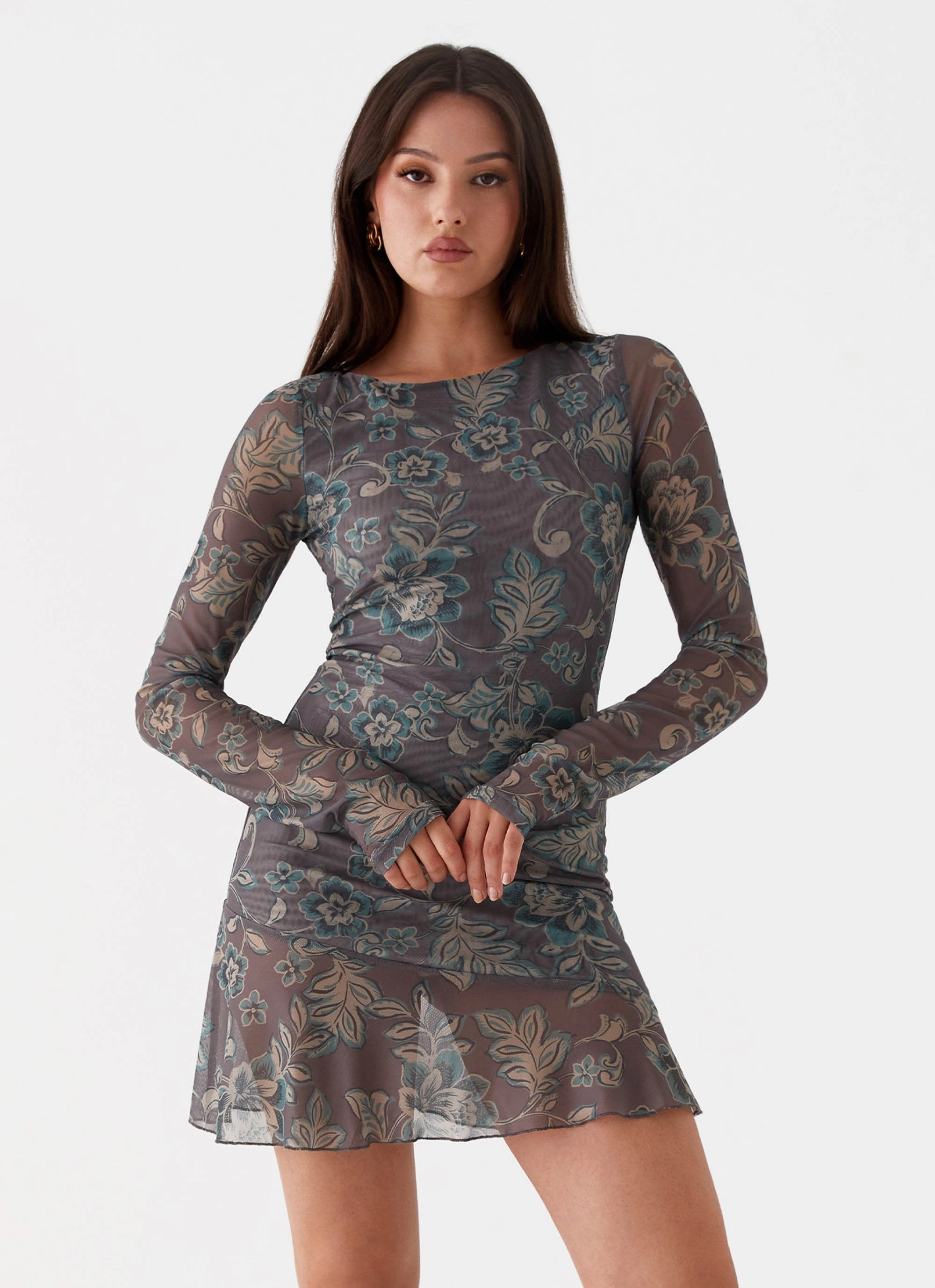 Ines Long Sleeve Mini Dress - Brown Floral Clean Cut Soft Shine