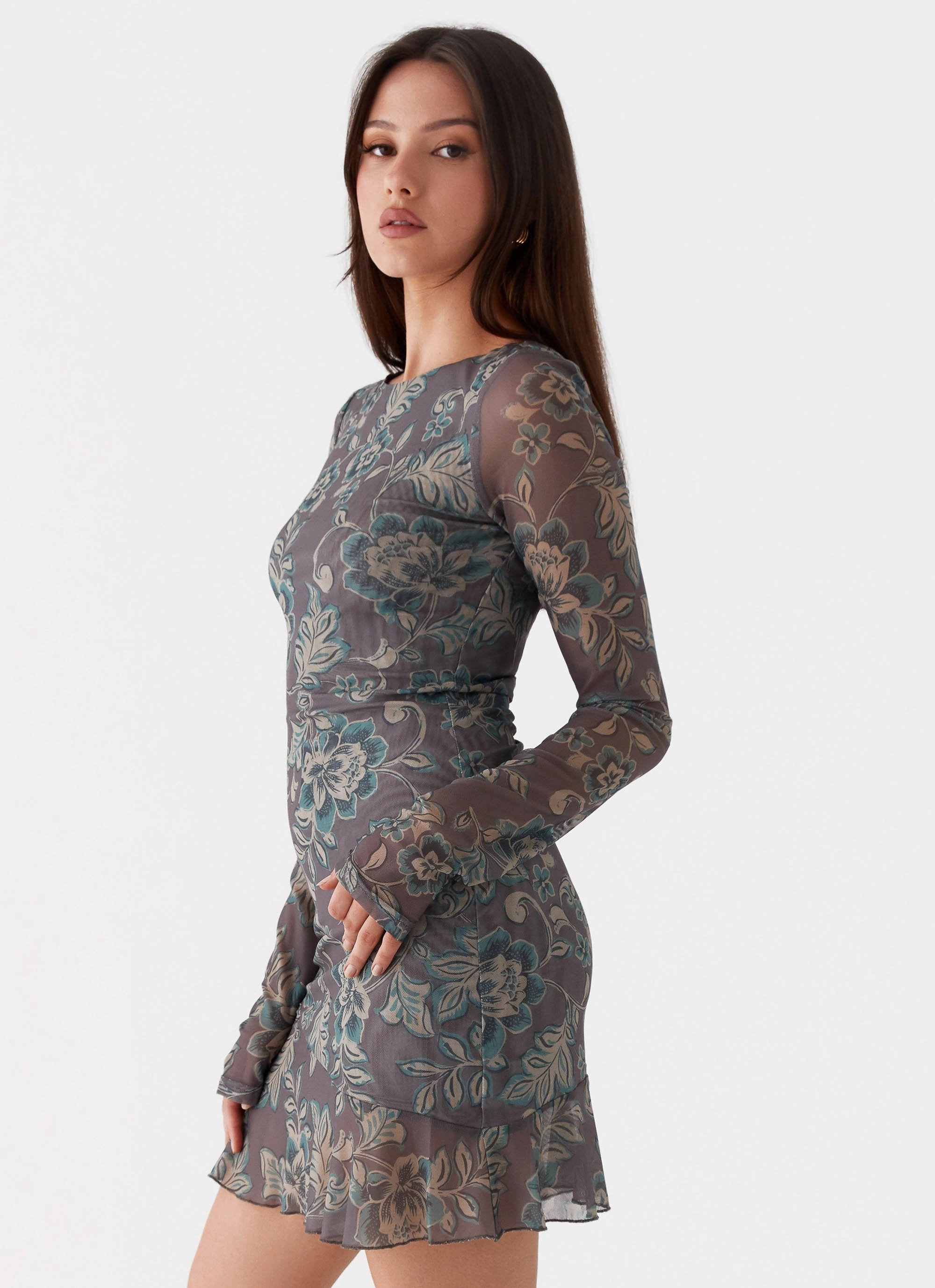 Ines Long Sleeve Mini Dress - Brown Floral Full Coverage