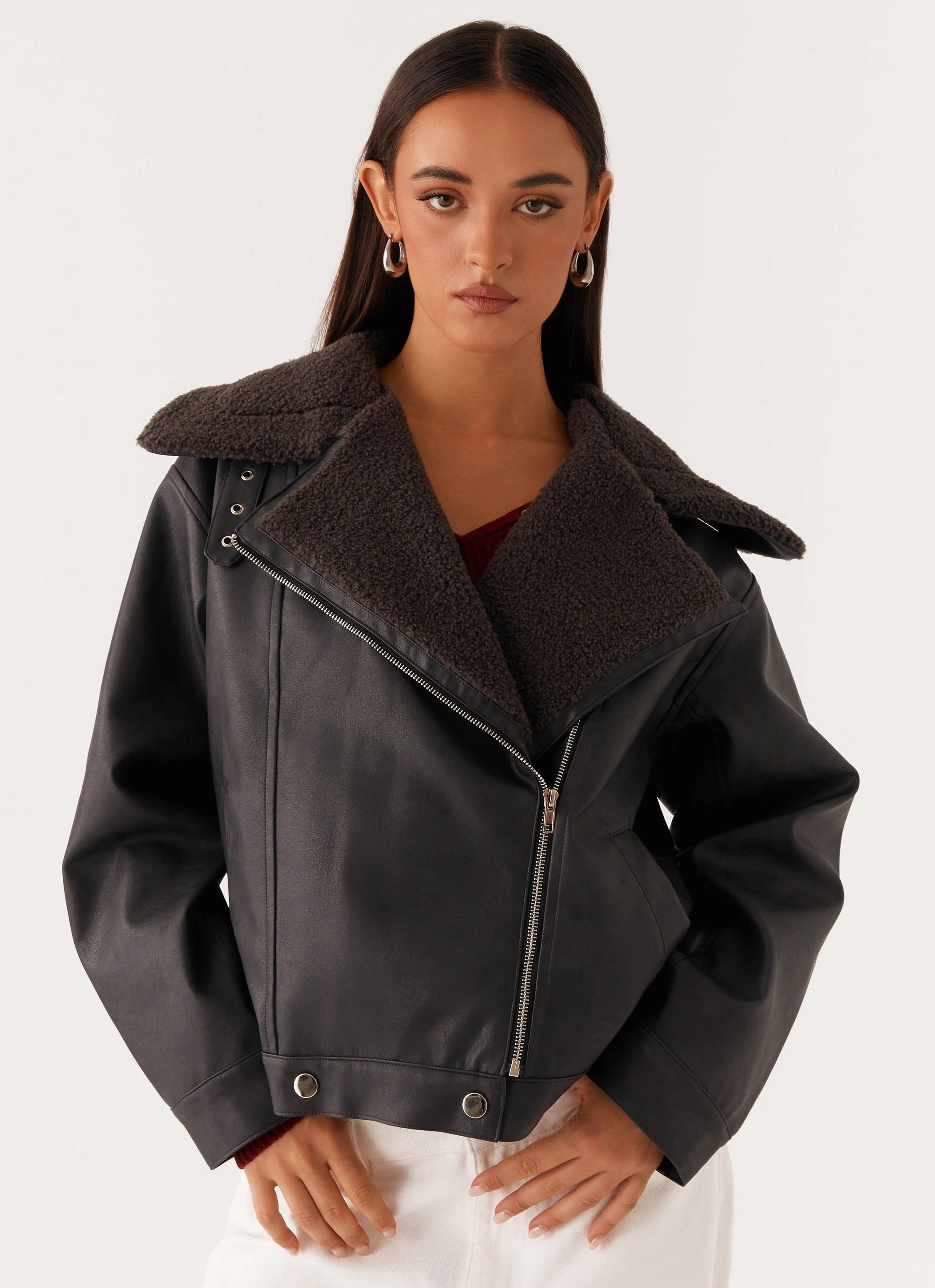 Contemporary Fit Inka PU Leather Shearling Jacket - Charcoal
