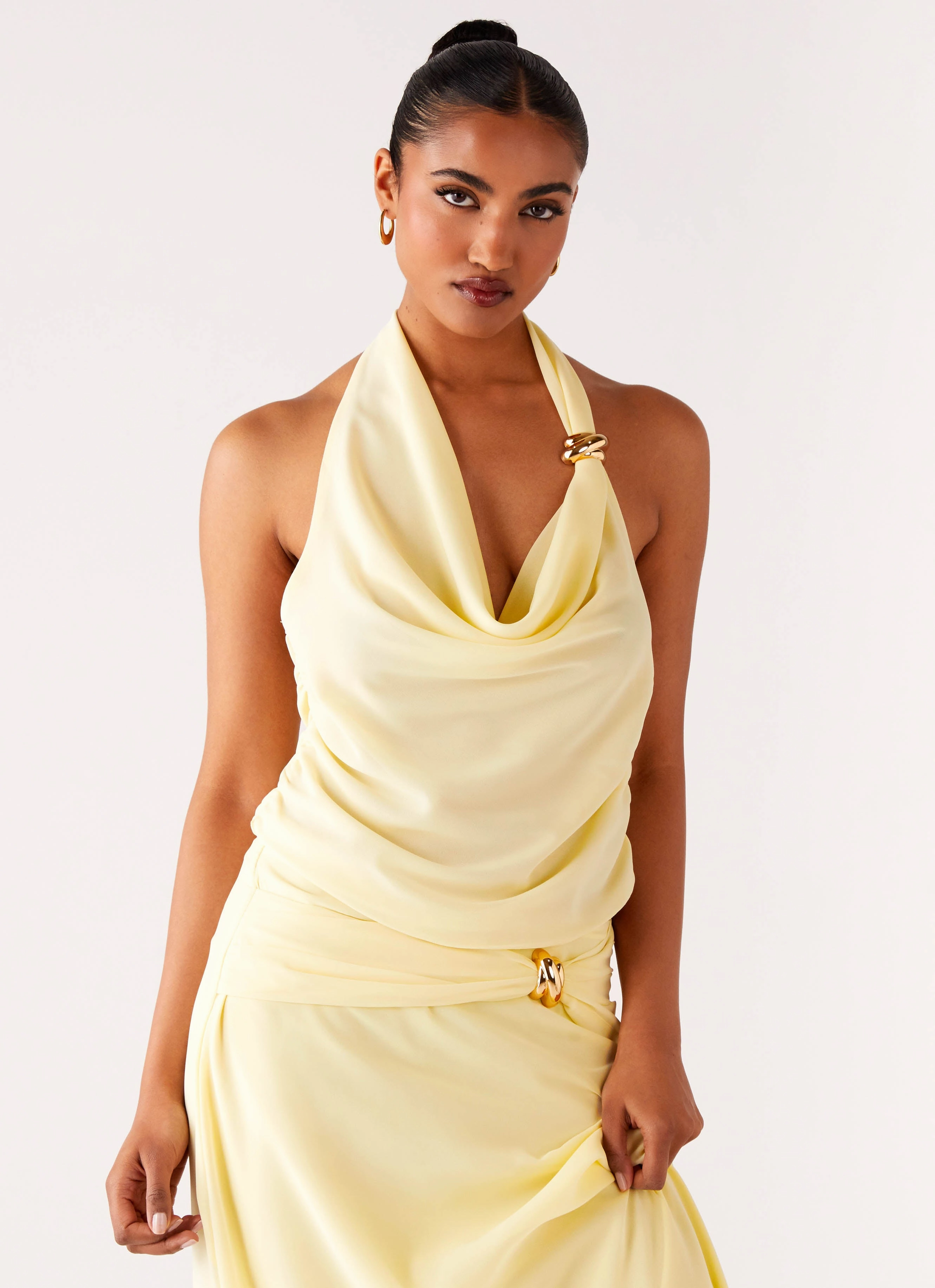 Single Breasted Magnetic Closure Options Anuhea Cowl Top - Yellow