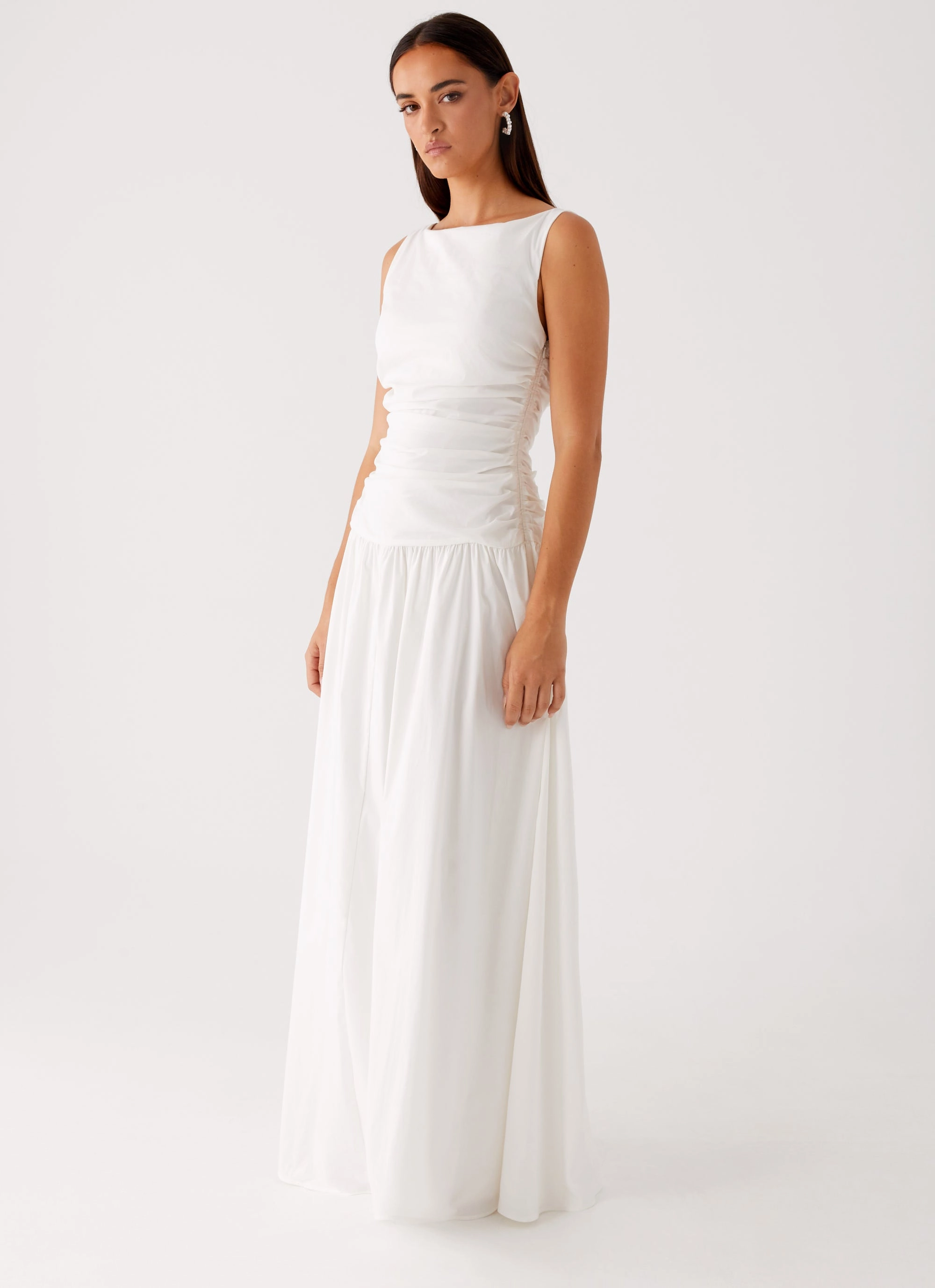 Beaded-Edge Carmel High Neck Maxi Dress - White