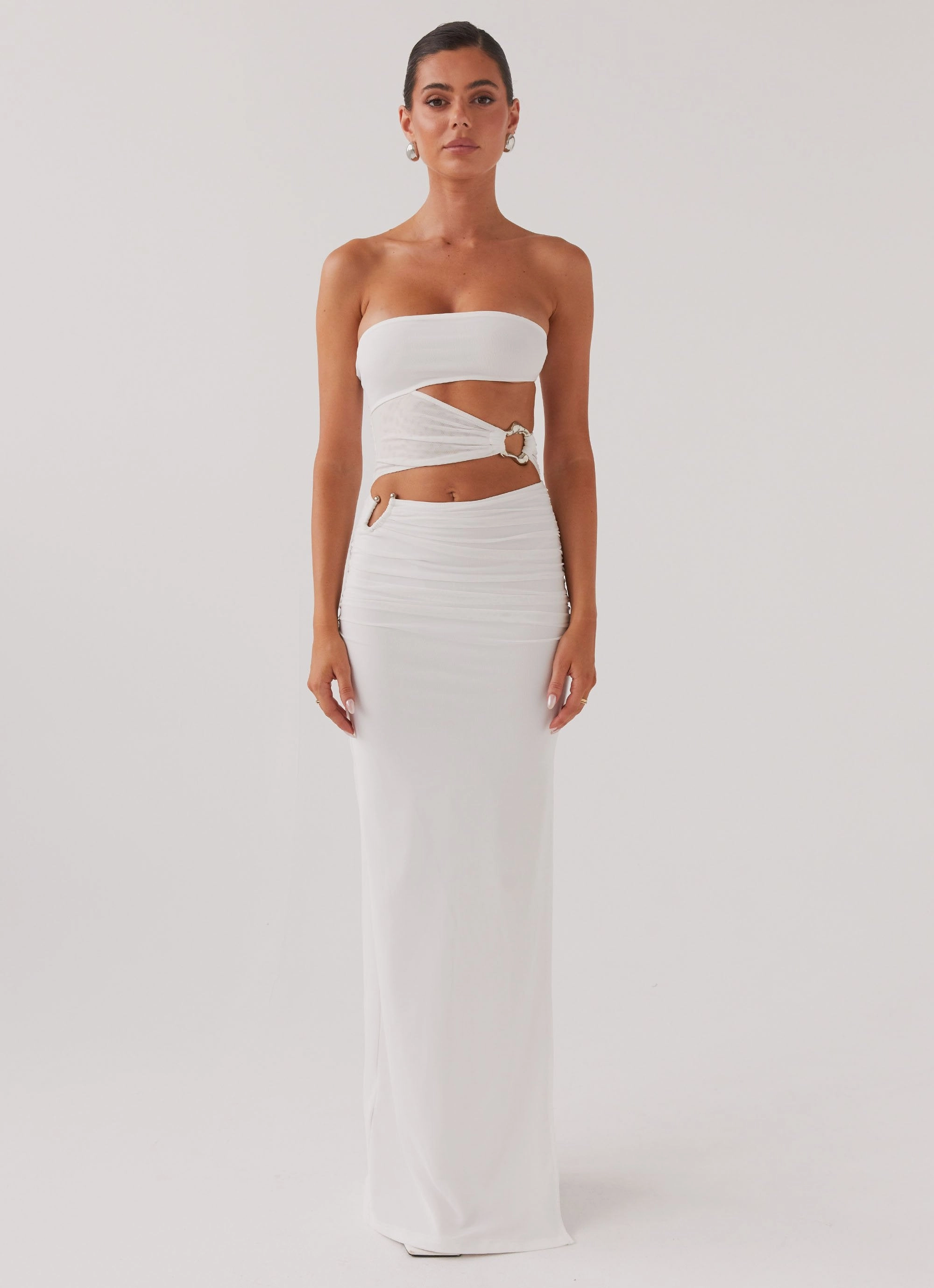 Youth Charm Simple Shape Into Pieces Mesh Maxi Dress - White