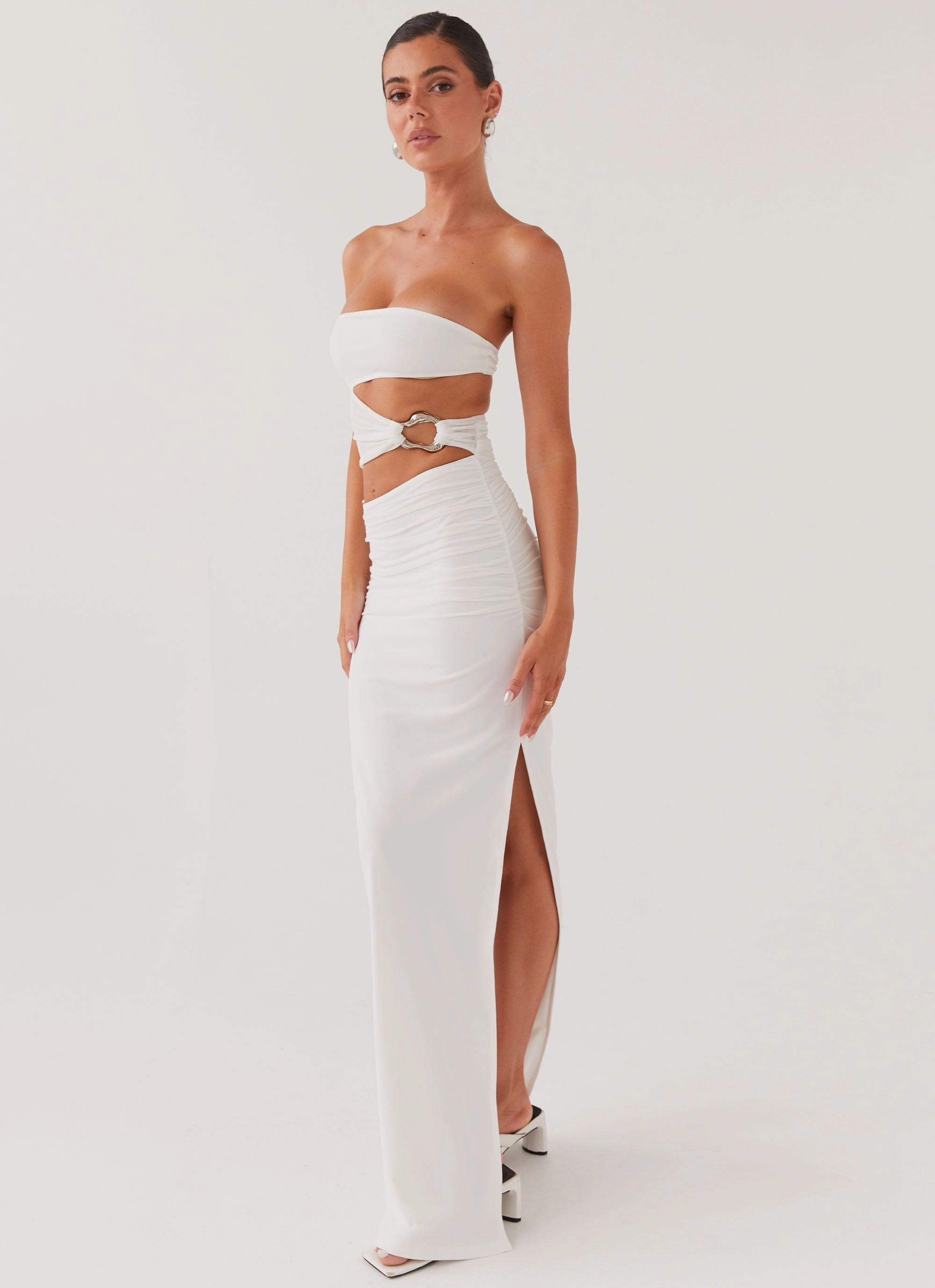 Into Pieces Mesh Maxi Dress - White Quiet Glow Waist Seam