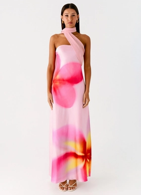 Isa Scarf Satin Maxi Dress - Frangipani Pink Fitted waist