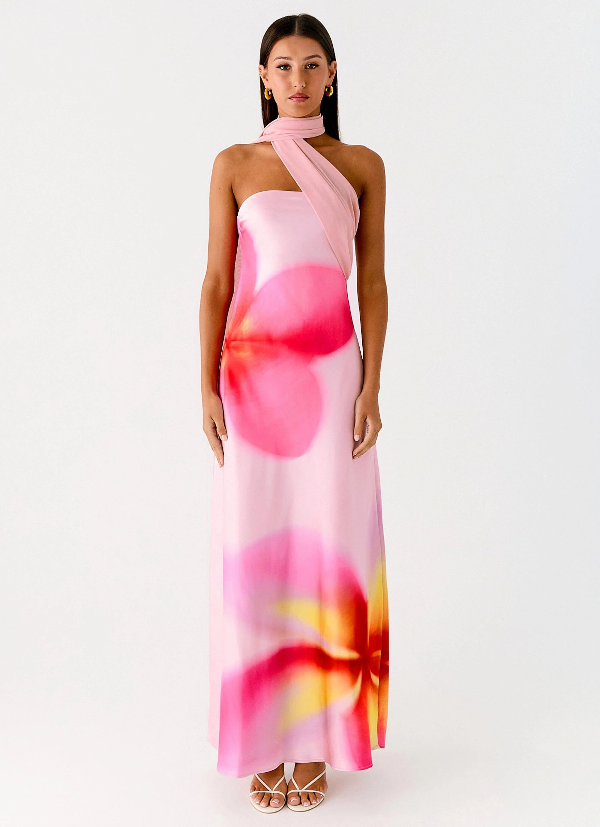 Isa Scarf Satin Maxi Dress - Frangipani Pink Fitted waist