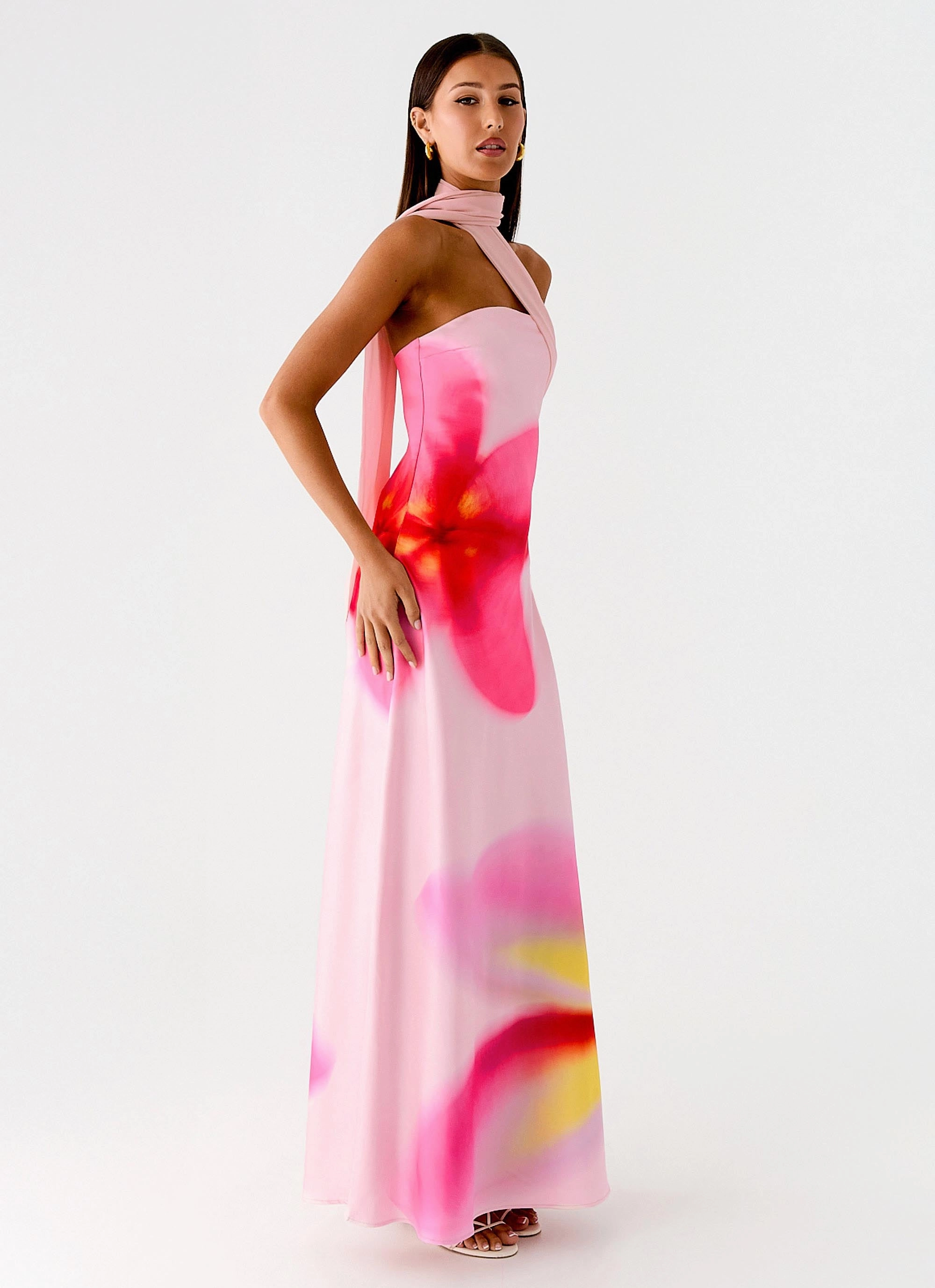 Bold Patterns Chic beachwear dress Isa Scarf Satin Maxi Dress - Frangipani Pink