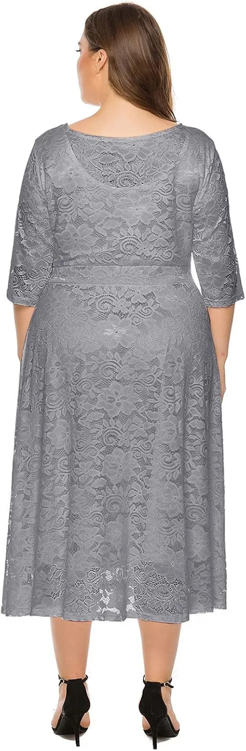 IWEMEK Women Plus Size Floral Lace 3/4 Sleeve Wedding Cocktail Swing Midi Dress with Pockets Casual Evening Party Prom Dress