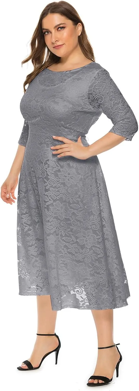 IWEMEK Women Plus Size Floral Lace 3/4 Sleeve Wedding Cocktail Swing Midi Dress with Pockets Casual Evening Party Prom Dress