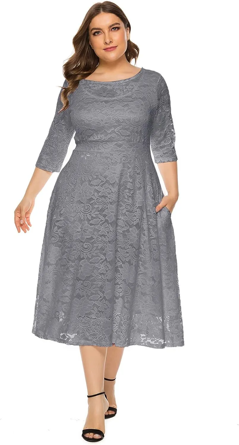 IWEMEK Women Plus Size Floral Lace 3/4 Sleeve Wedding Cocktail Swing Midi Dress with Pockets Casual Evening Party Prom Dress
