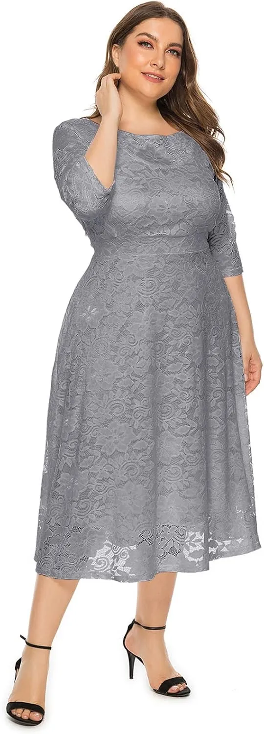 IWEMEK Women Plus Size Floral Lace 3/4 Sleeve Wedding Cocktail Swing Midi Dress with Pockets Casual Evening Party Prom Dress