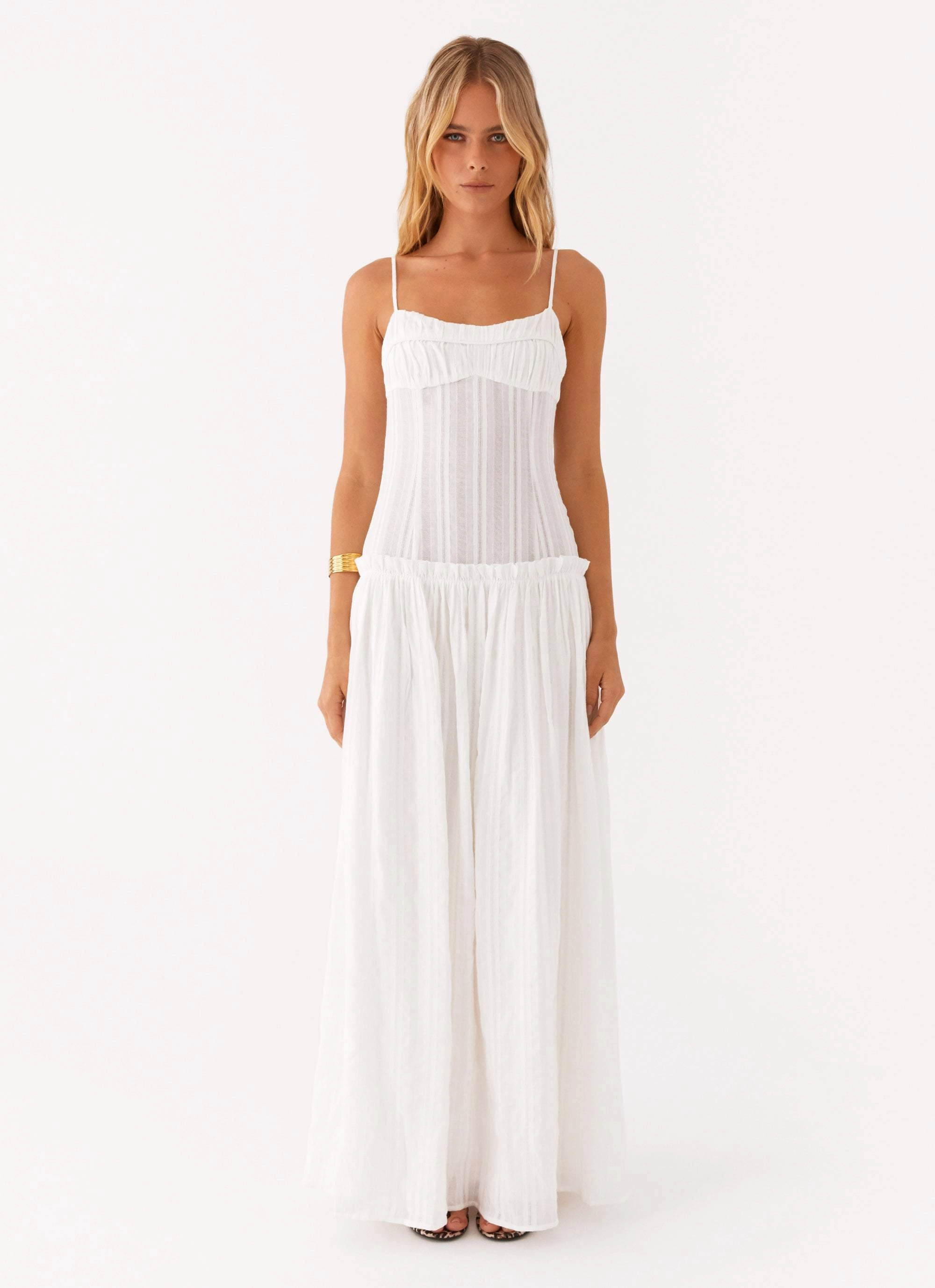 Drawstring-Waist DeepPocketStyle Jacinda Drop Waist Maxi Dress - Ivory
