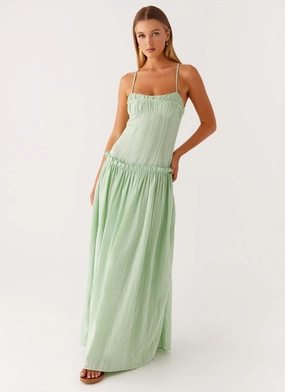Jacinda Drop Waist Maxi Dress - Sage Printed Pattern Jacinda Drop Waist Maxi Dress - Sage Lace-Trim