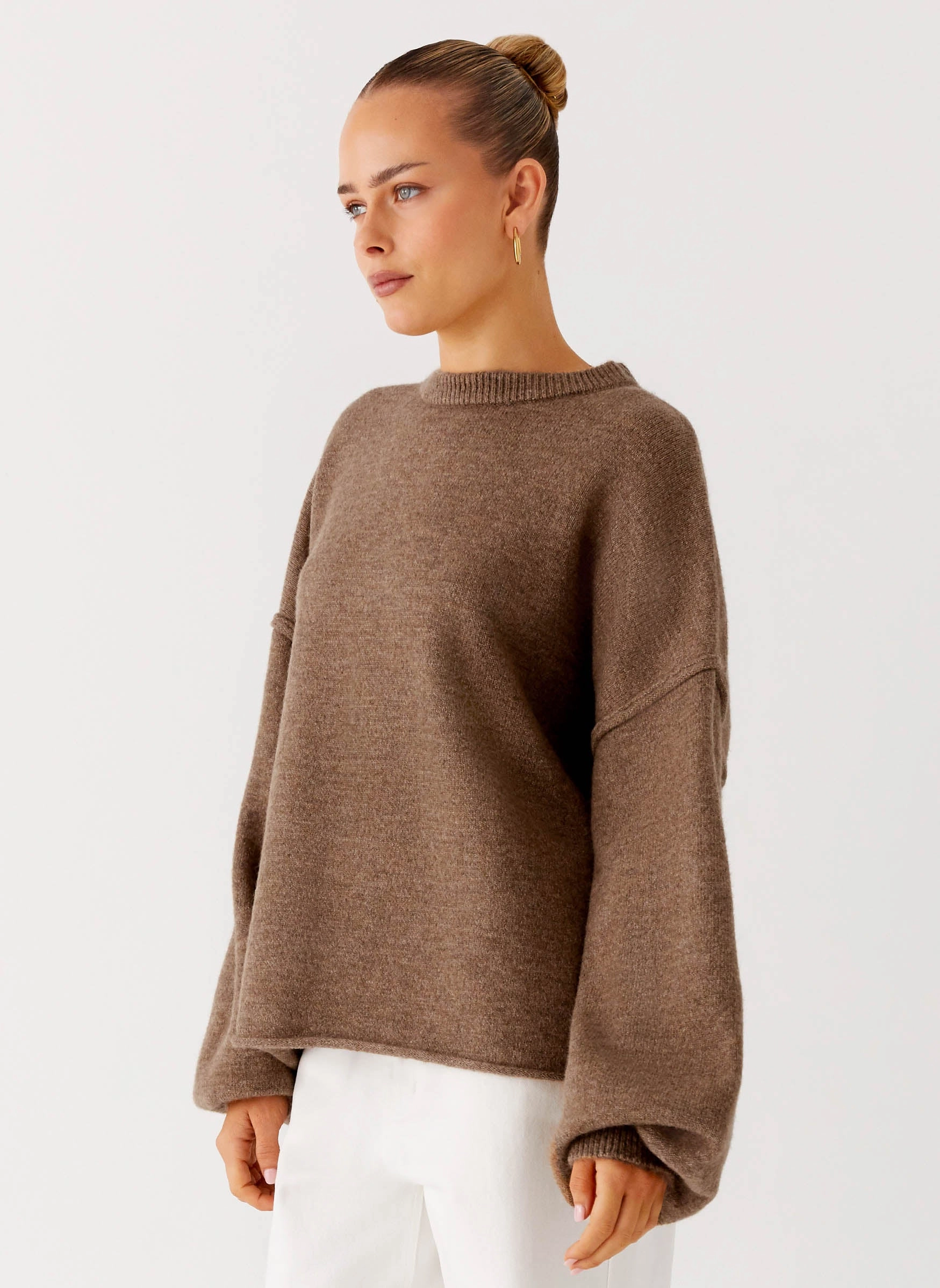 Textured Weave Elegant Blouse Jack Oversized Knit Sweater - Tan Marle