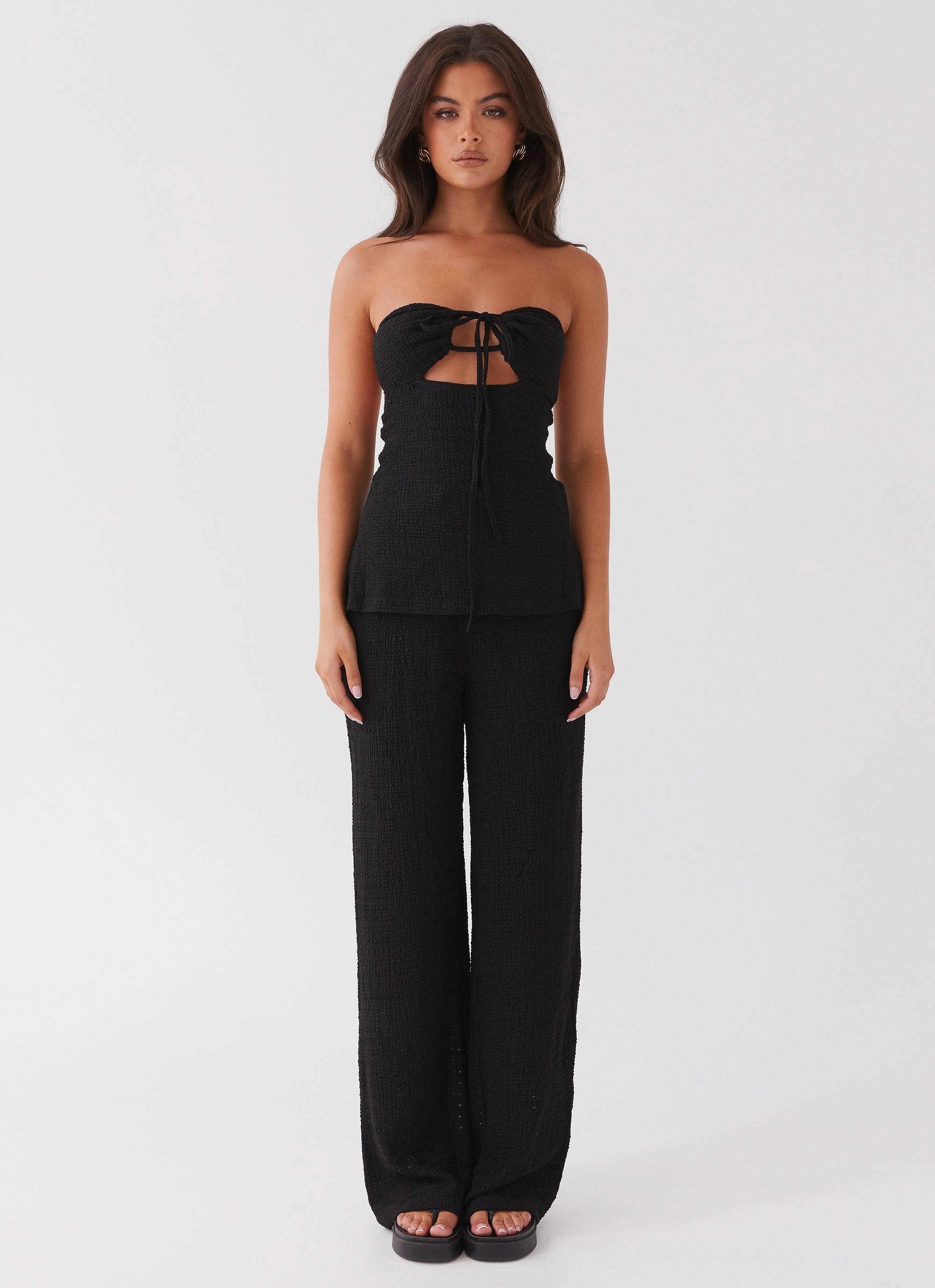 Jadey Strapless Waffle Top - Black Linen Blend Fabric FlexibleCuff