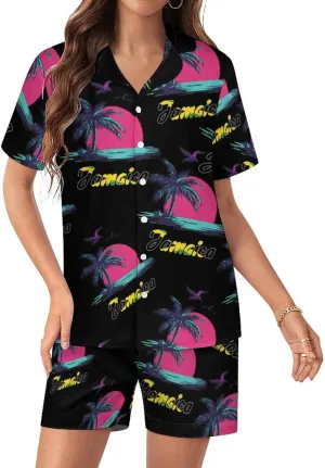Jamaica Flag Palm Tree Sunset Satin Pajamas For Women Set Botton Down Short Sleeves Silk Sleepwear