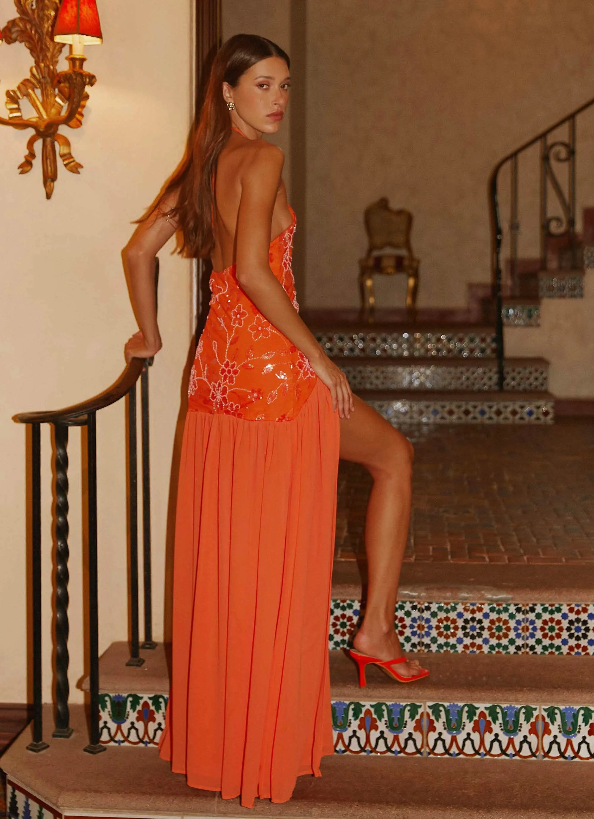 Janelle Beaded Maxi Dress - Orange Black Tie Optional