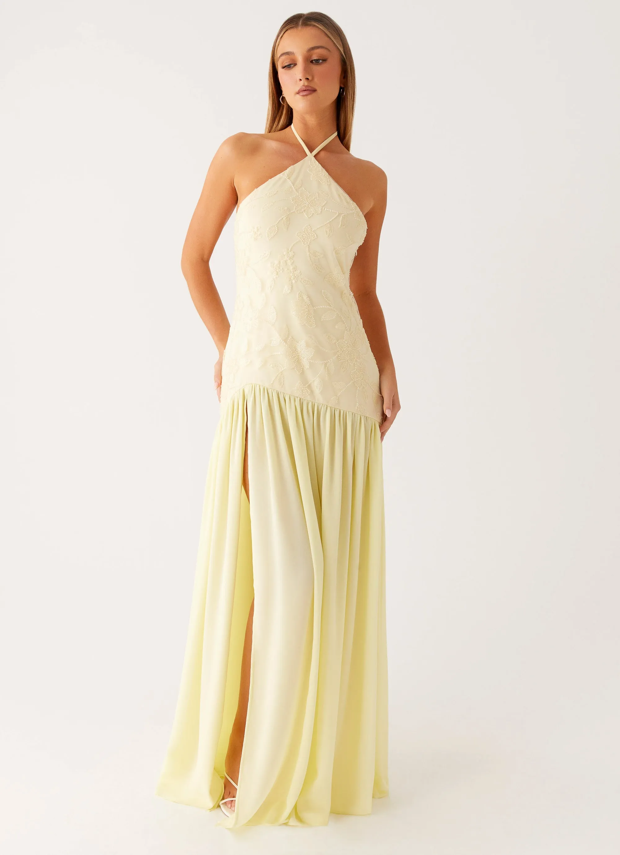 Janelle Beaded Maxi Dress - Yellow Checkered Print