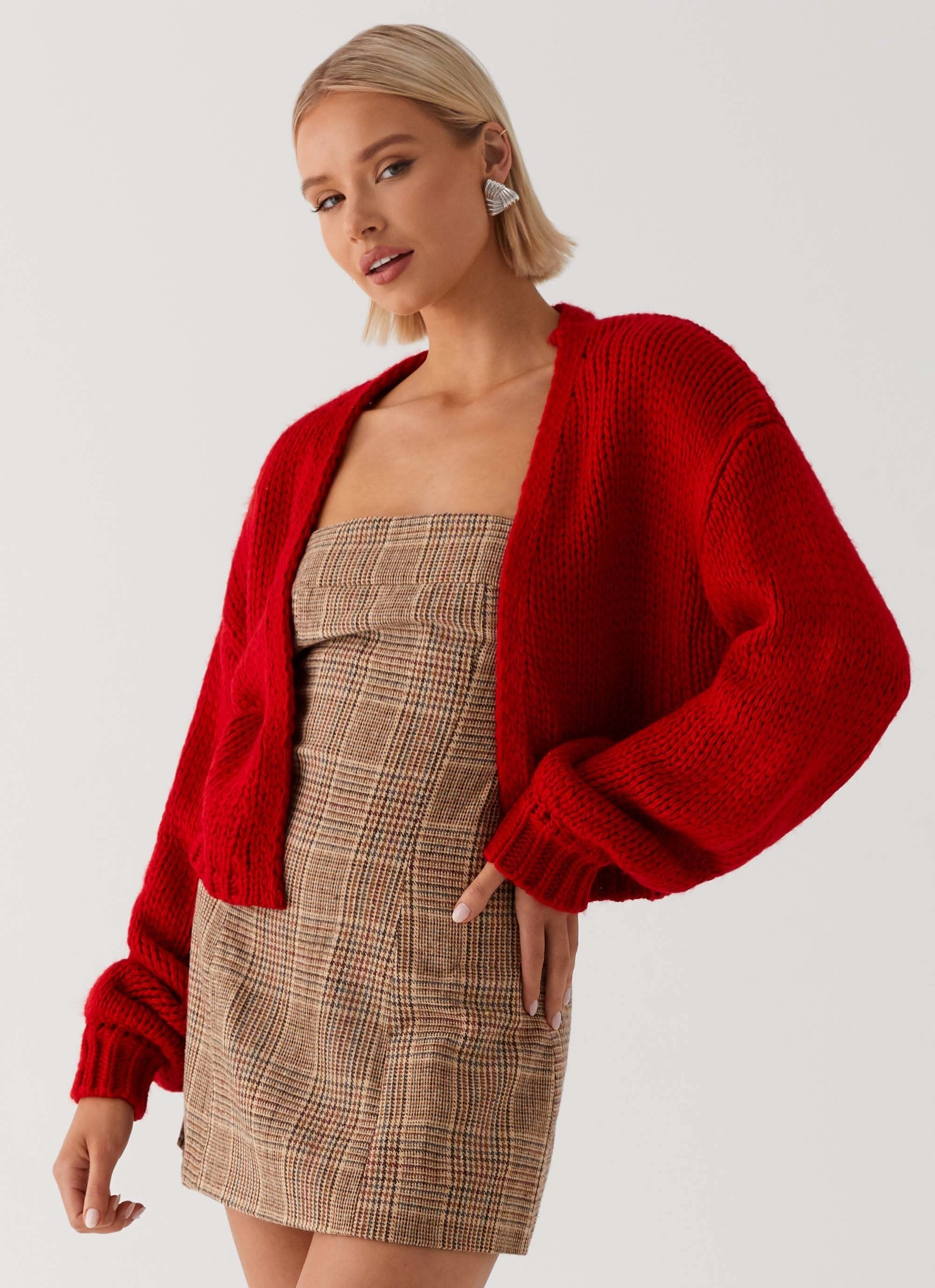 NonRestrictiveCut ZipperClosure Jasleen Knit Cardigan - Red