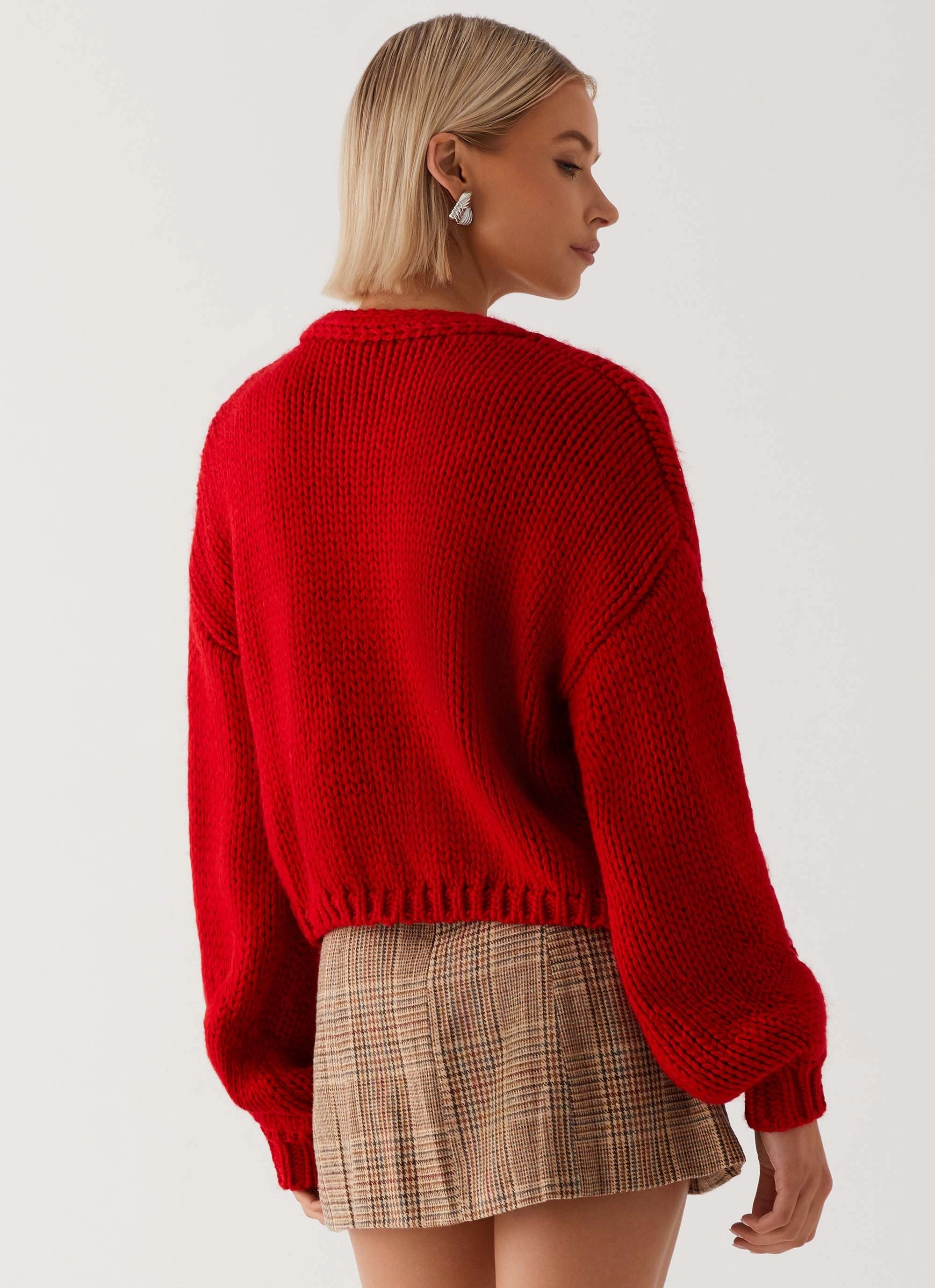 Jasleen Knit Cardigan - Red Recycled Polyester Blend FleeceLined