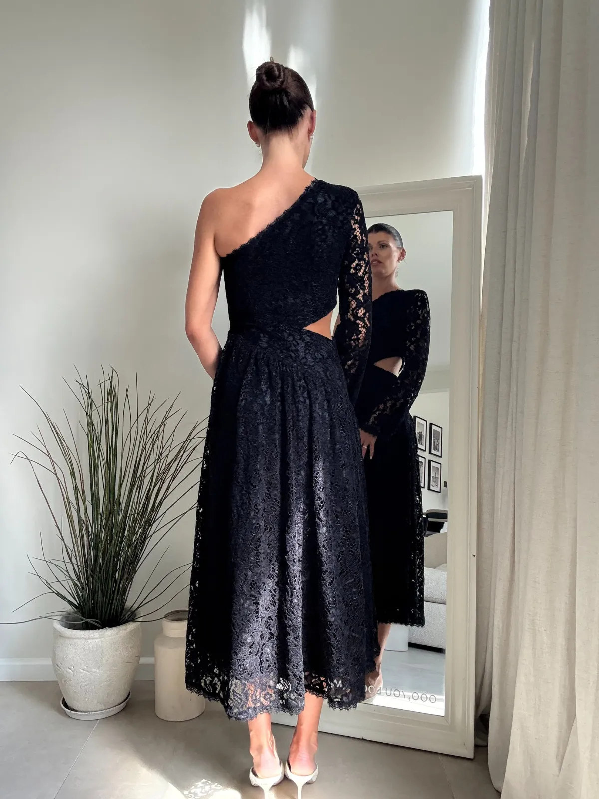 Saturated Hue Jasmine Cut Out One Shoulder Dress in Black Lace