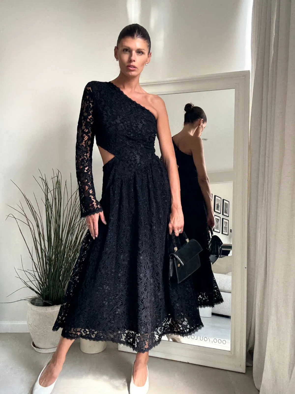 Jasmine Cut Out One Shoulder Dress in Black Lace Light Fall Cozy Layers