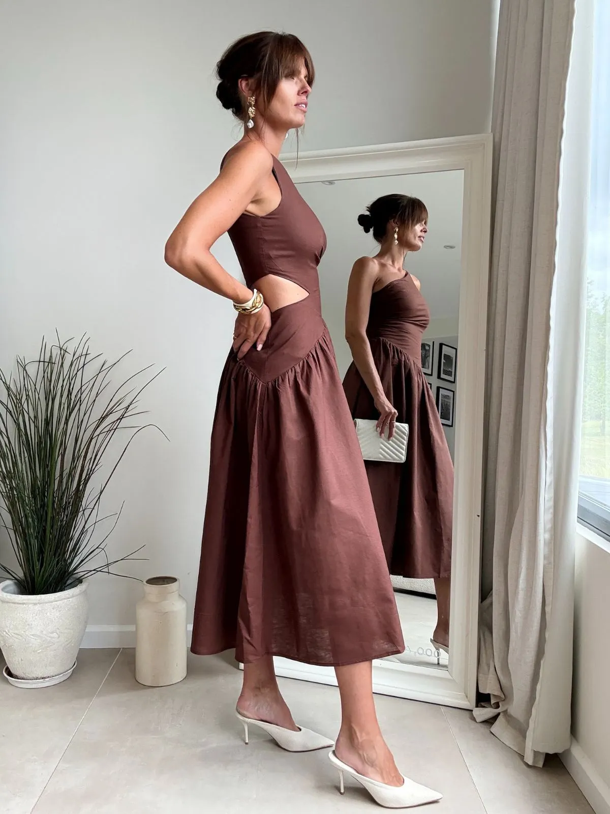 Jasmine Cut Out One Shoulder Dress in Chocolate Brown Modest Cut