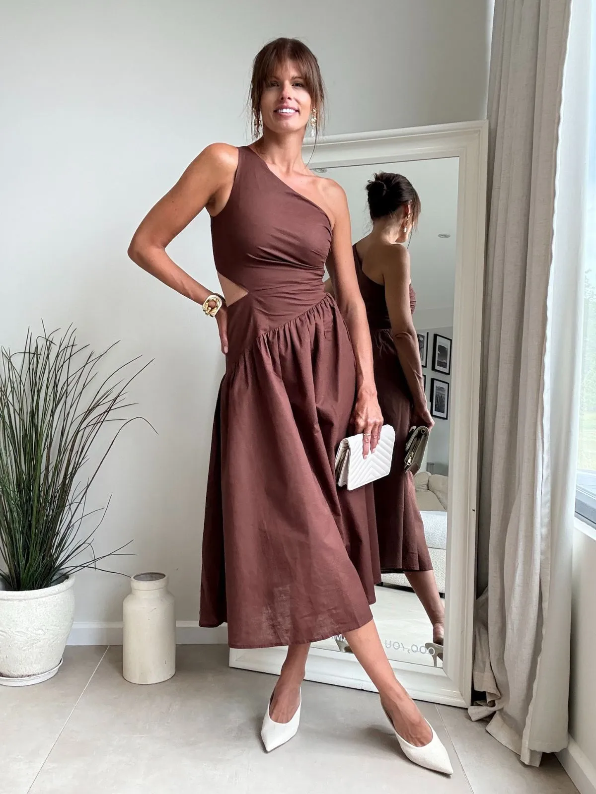 Jasmine Cut Out One Shoulder Dress in Chocolate Brown Relaxed fit wear