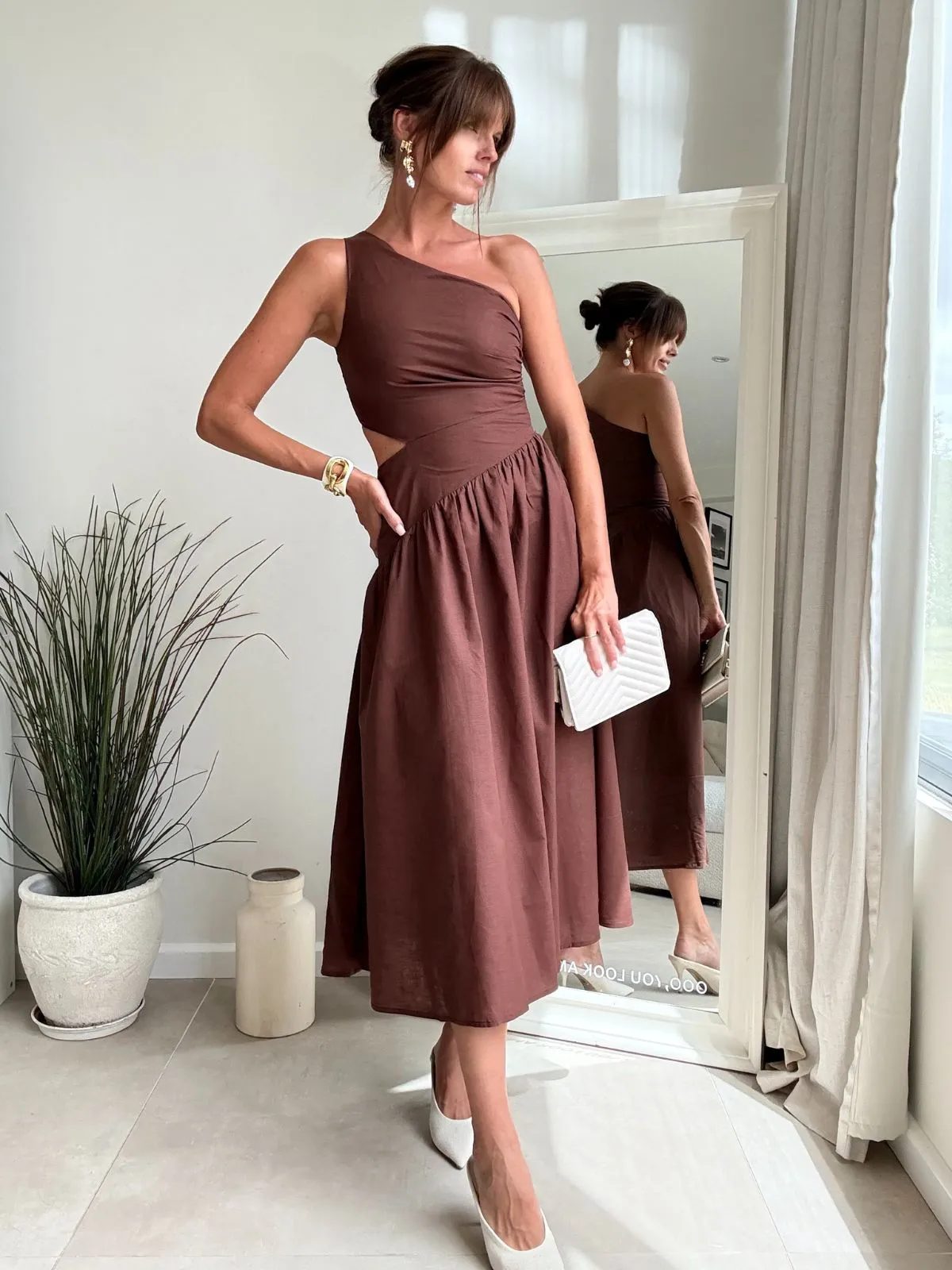Jasmine Cut Out One Shoulder Dress in Chocolate Brown Thermal-Lined summer breeze