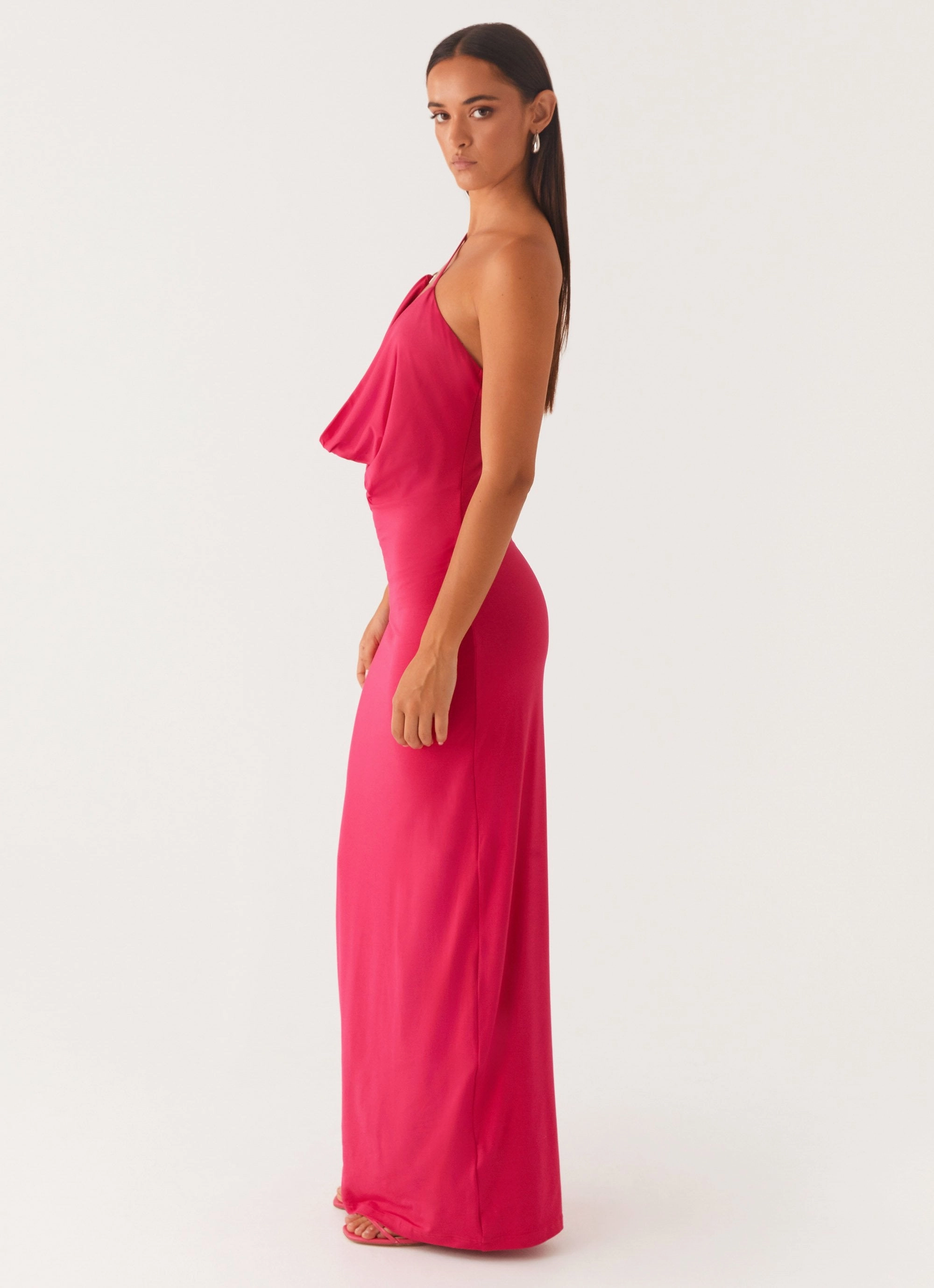 Satin Layers Jayla One Shoulder Maxi Dress - Fuchsia