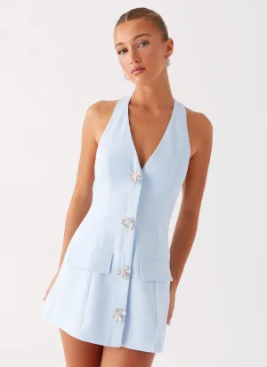 Jeanie Mini Dress - Blue Linen blend Fashion Forward Roomy Cut Jeanie Mini Dress - Blue
