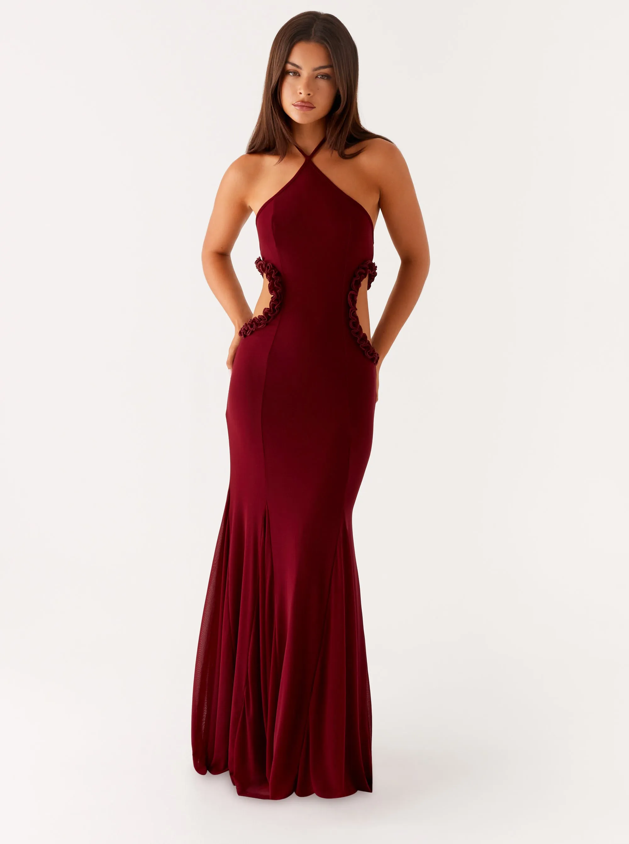 Jemima Maxi Dress - Raspberry Wine Laser Cut Edge Detail Gym Wear