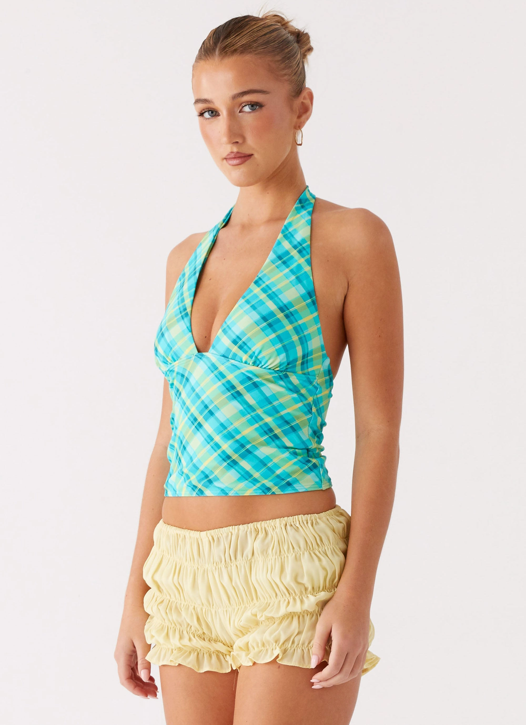 Soft Knit Moisture Wicking Material Jetsetter Halter Top - Green Check