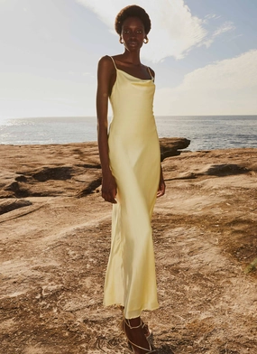 Joanna Satin Maxi Dress - Lemon Flower Applique Work Vibes Joanna Satin Maxi Dress - Lemon