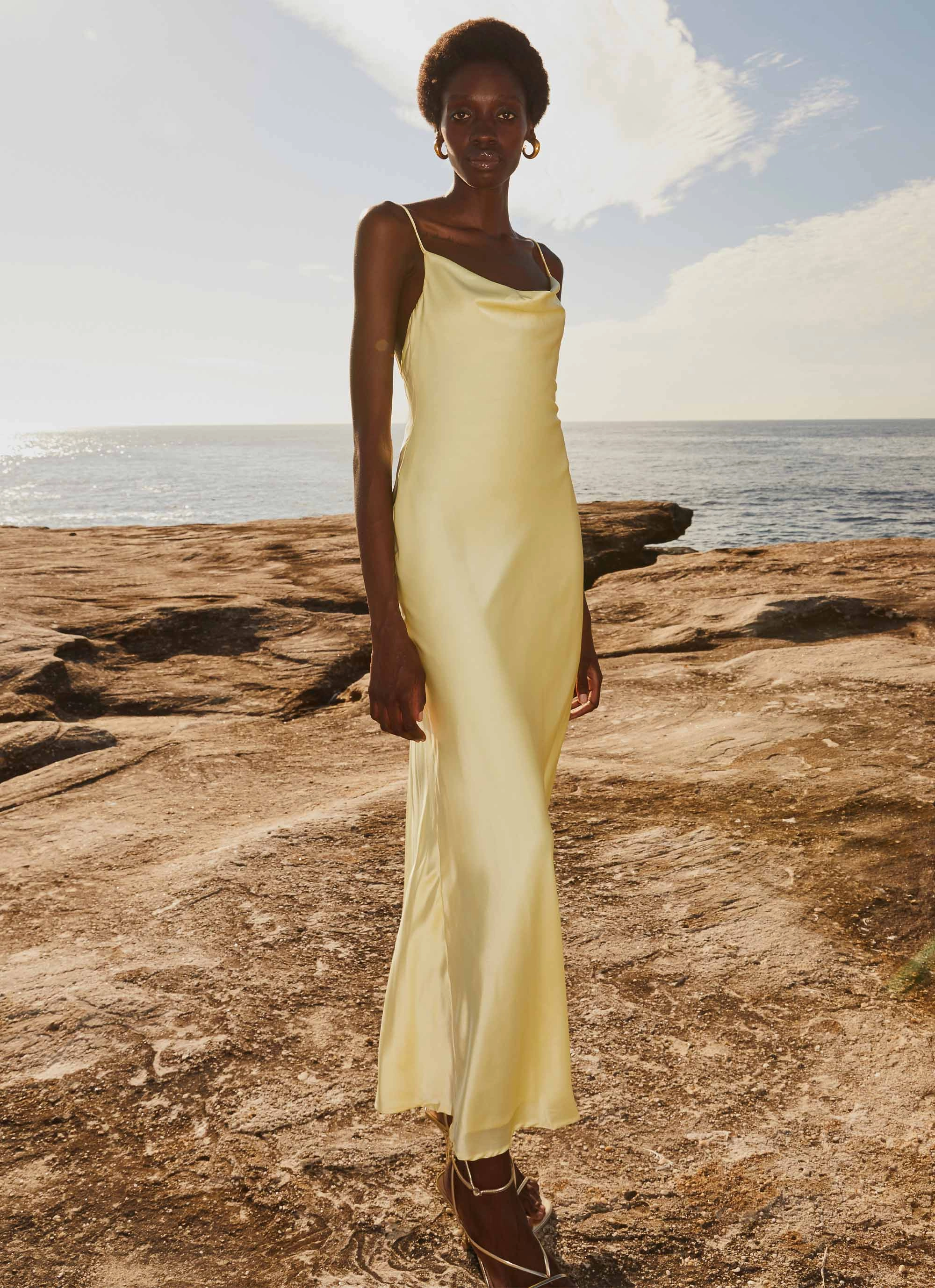 Work Vibes Joanna Satin Maxi Dress - Lemon