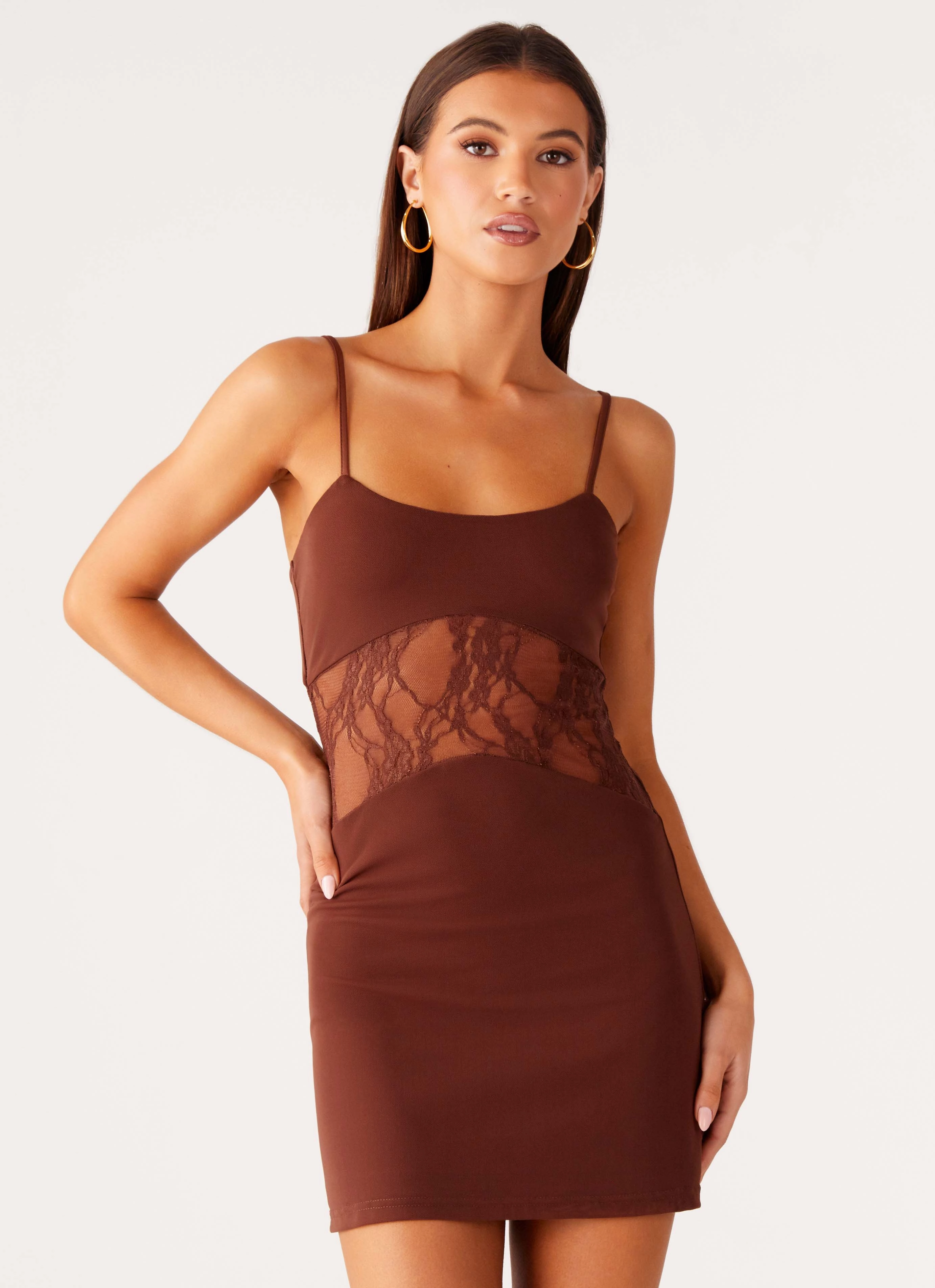 Elegant holiday wear Matte-finish Jordanna Lace Mini Dress - Chocolate