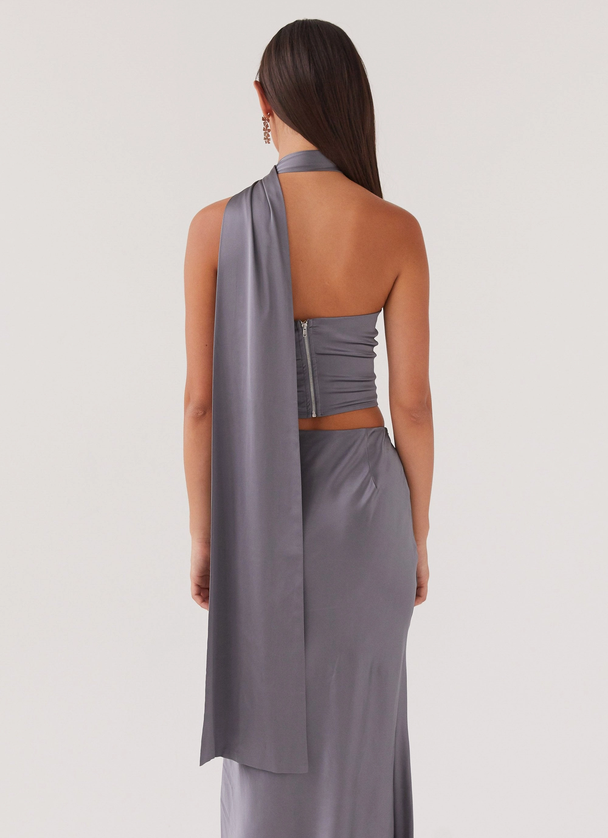 Josefina Satin Scarf Top - Slate ConvertibleStyle Ribbed collar