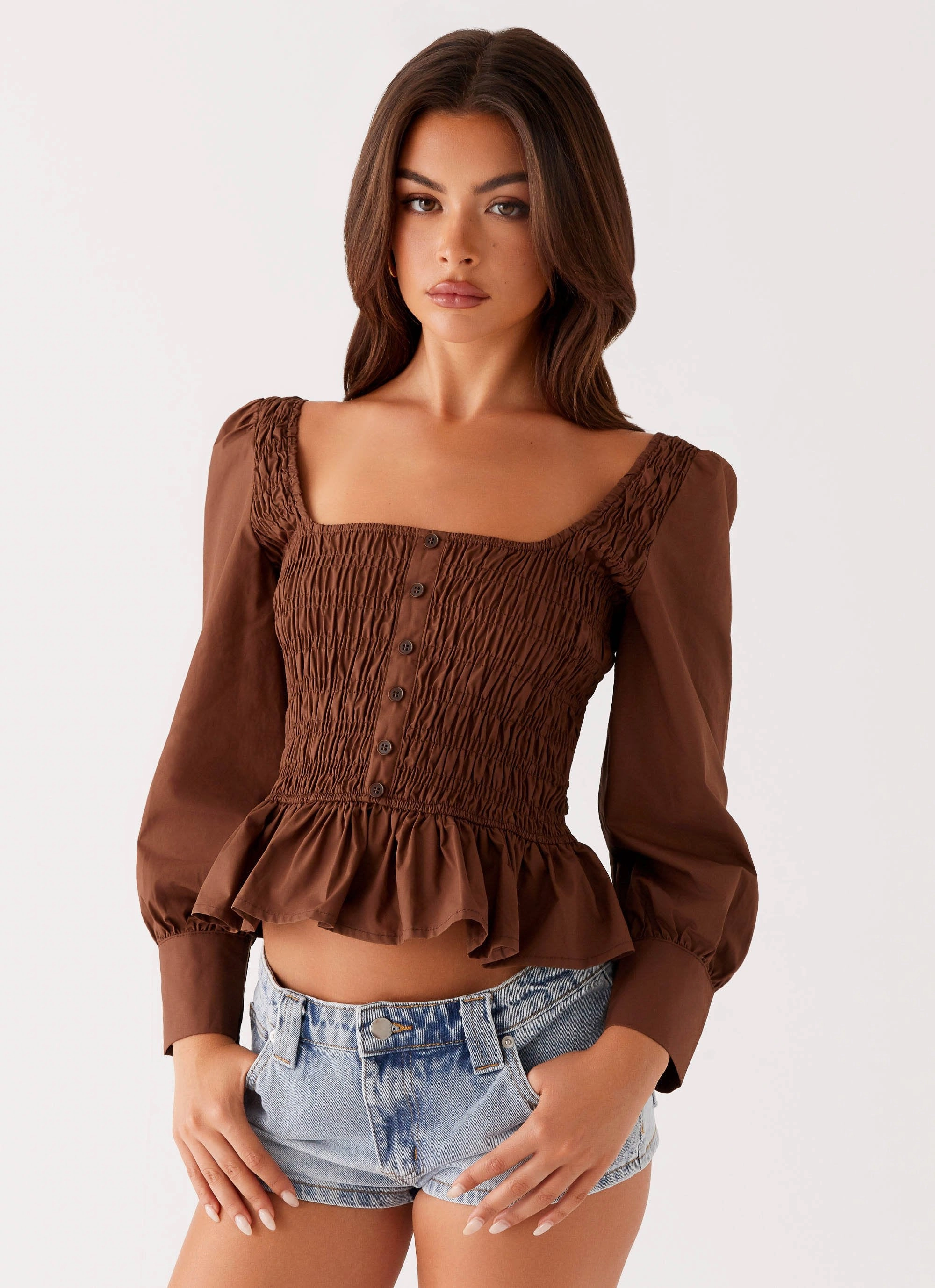 Joyce Long Sleeve Shirred Top - Chocolate Stretch Comfort