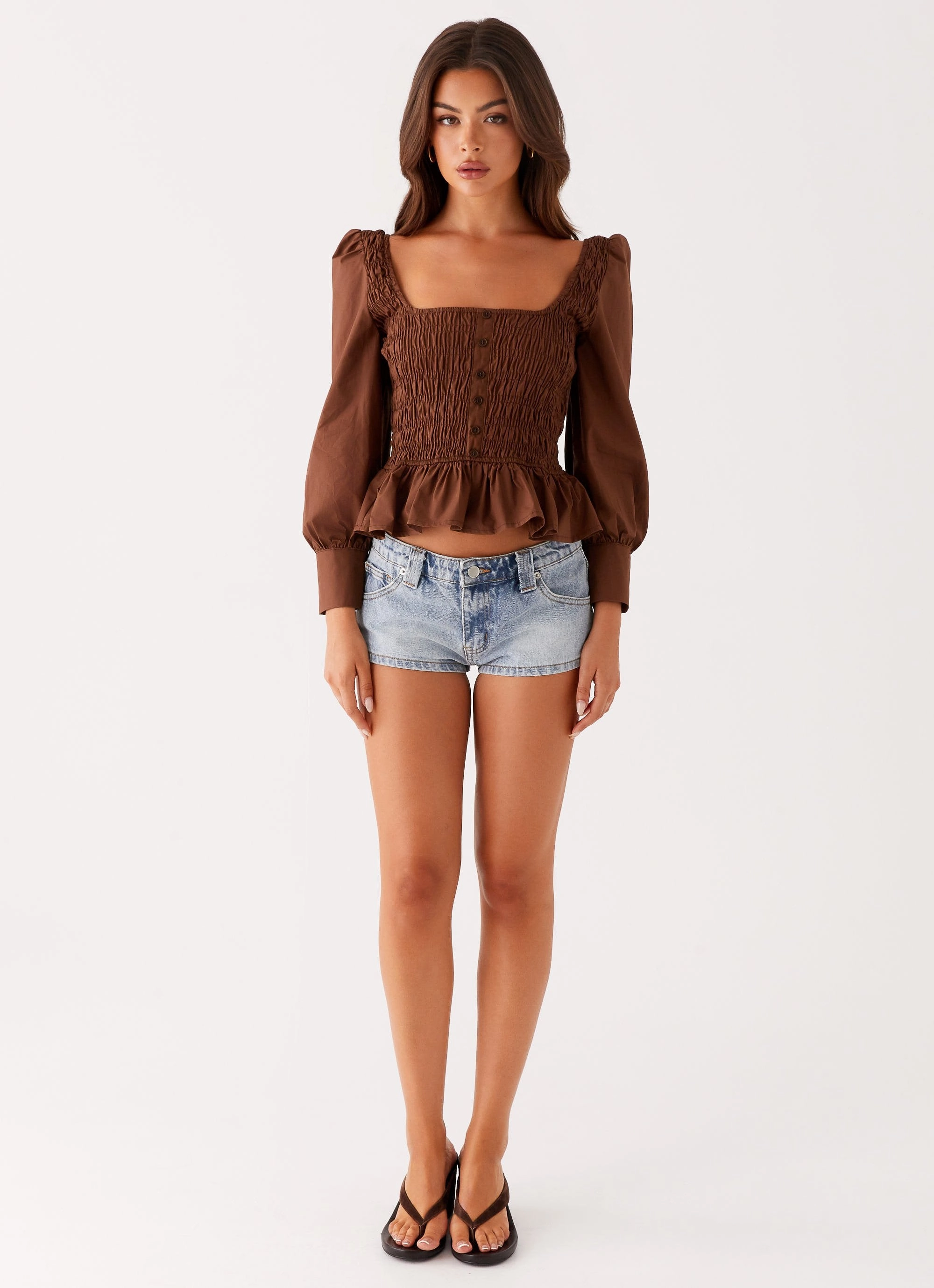 Minimalist Detailing Joyce Long Sleeve Shirred Top - Chocolate