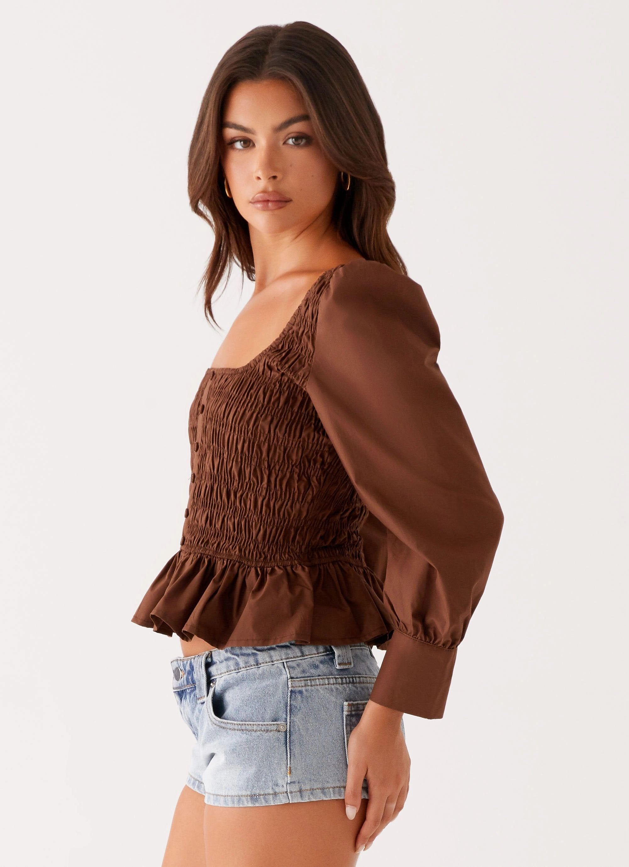 AntiPilling Finish Breathable Mesh Back Joyce Long Sleeve Shirred Top - Chocolate