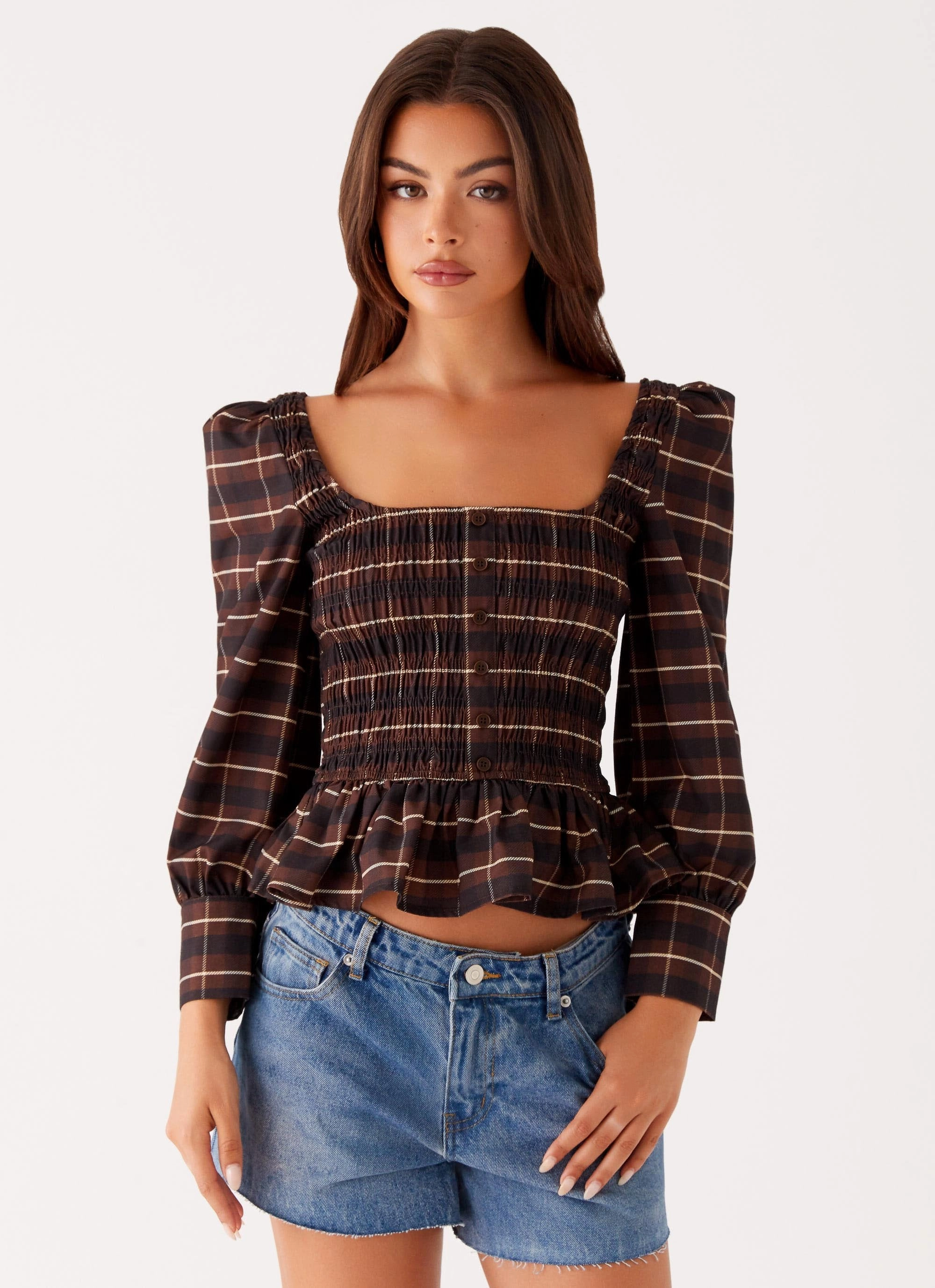 Joyce Long Sleeve Shirred Top - Chocolate Check LightReflectiveTrim