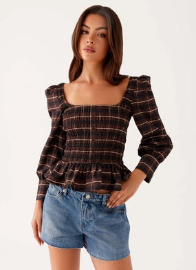 Joyce Long Sleeve Shirred Top - Chocolate Check Perfect Fit Soft Brushed Finish Joyce Long Sleeve Shirred Top - Chocolate Check